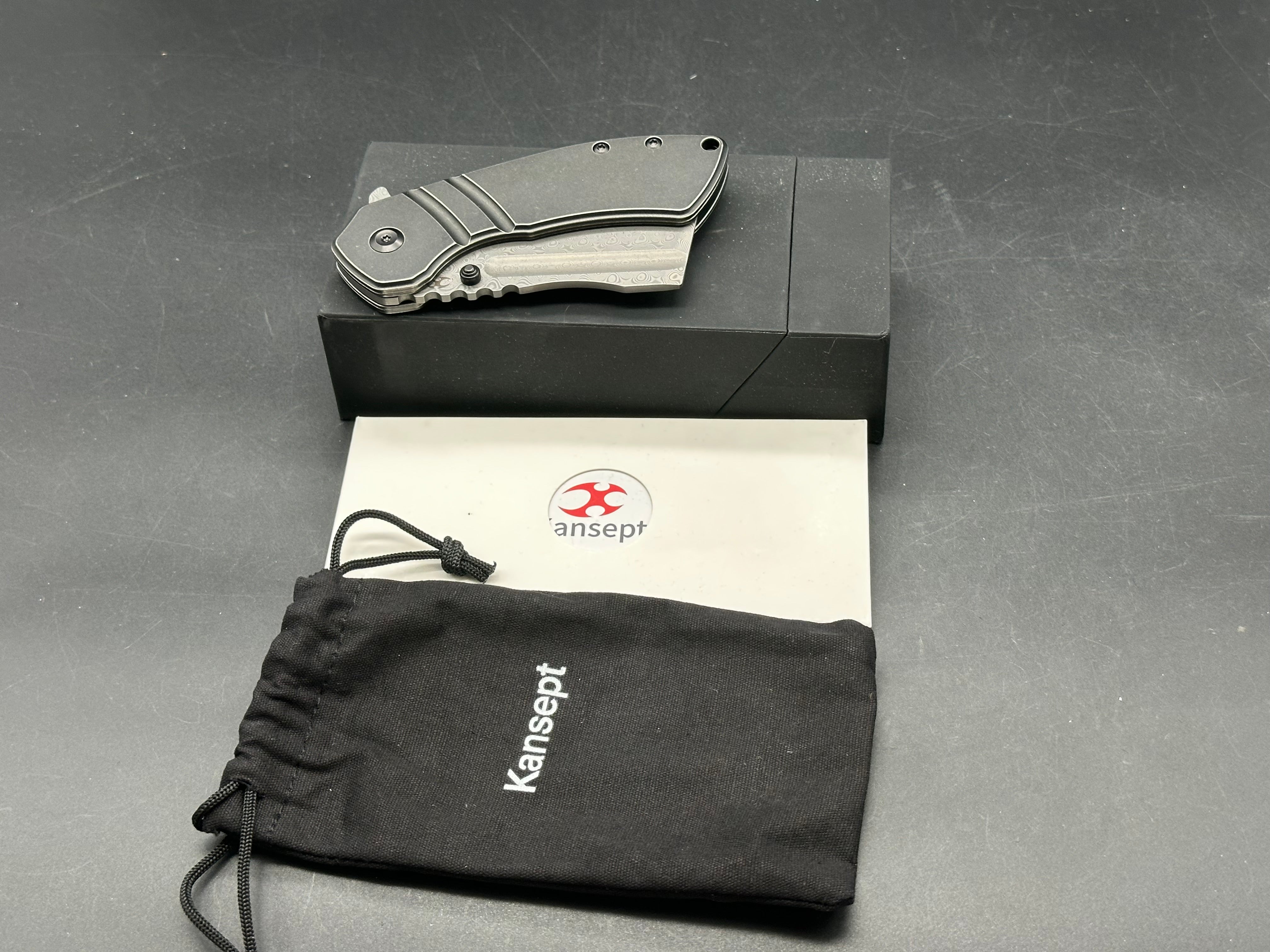 Kansept Knives Korvid M+ Liner Lock Knife DLC Ti (3.07" Damascus)