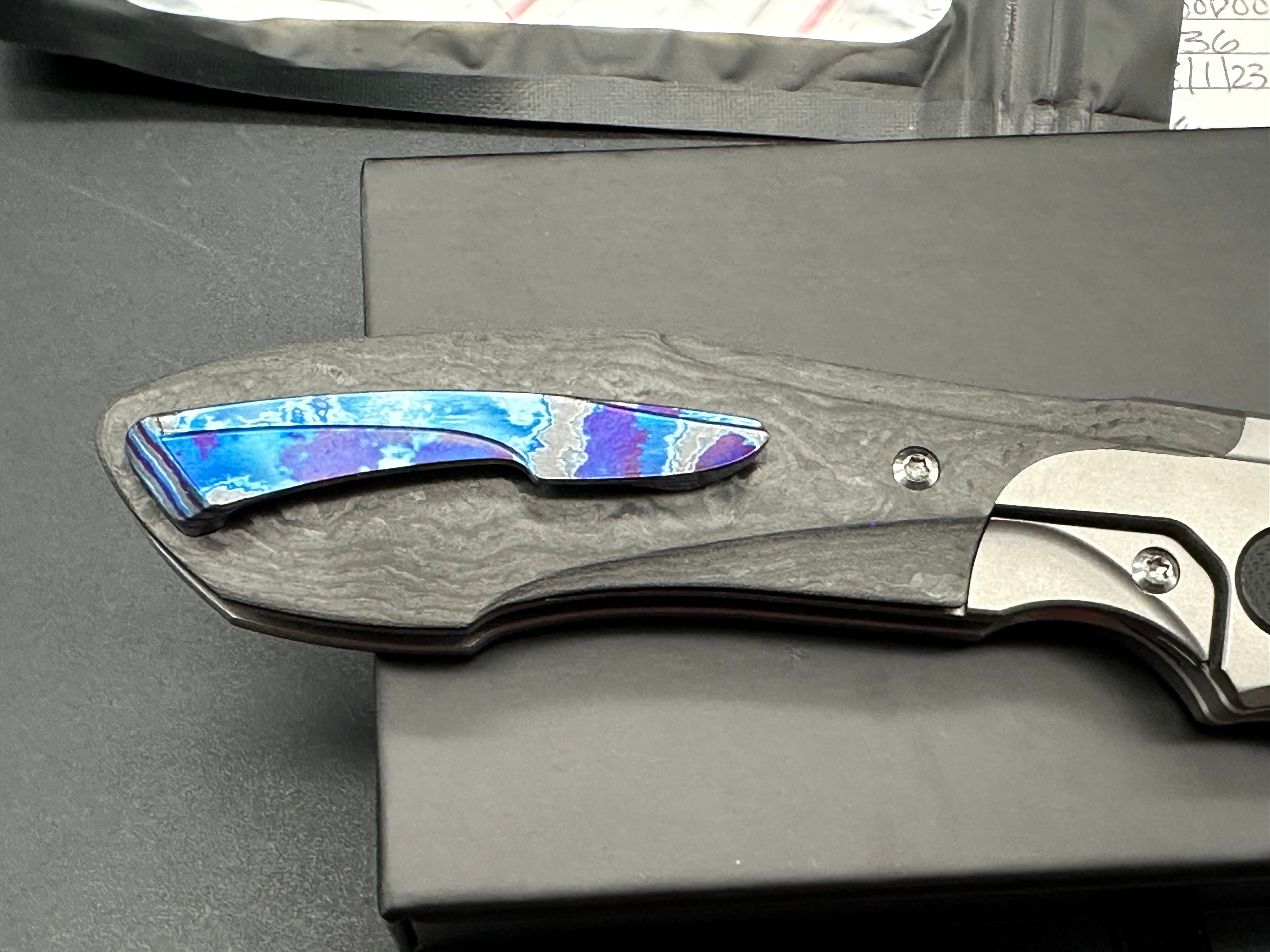 Null Knives Voodoo titanium/CF handles w/Hand satin M390 blade with full Dark Timascus kit