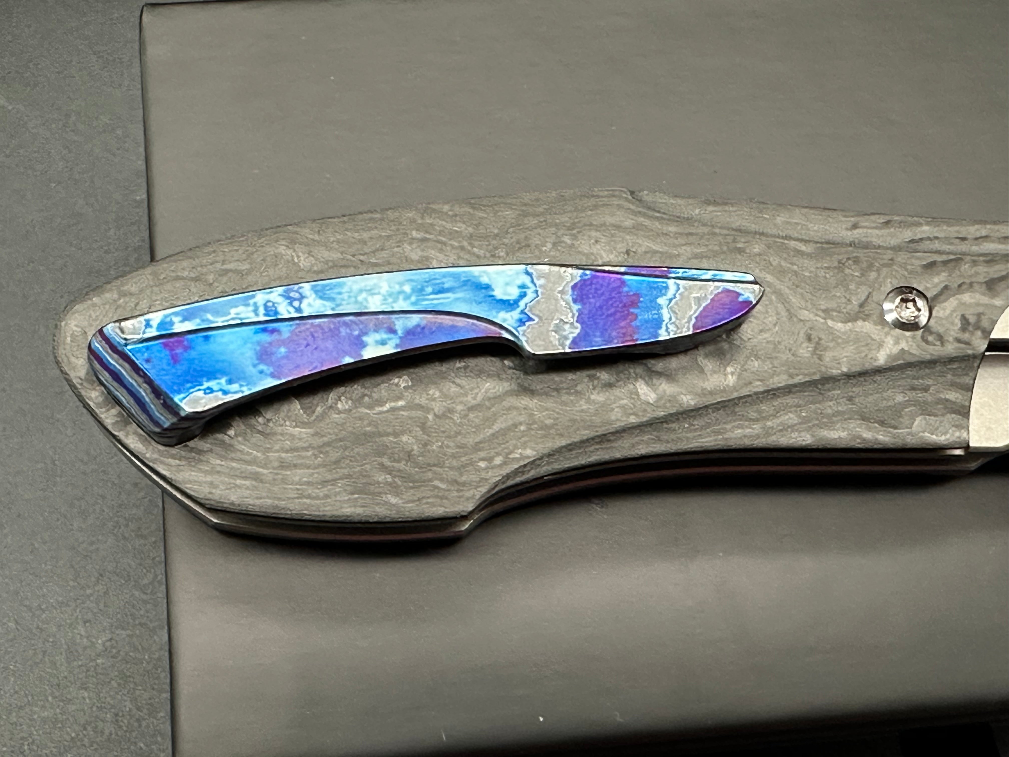 Null Knives Voodoo titanium/CF handles w/Hand satin M390 blade with full Dark Timascus kit