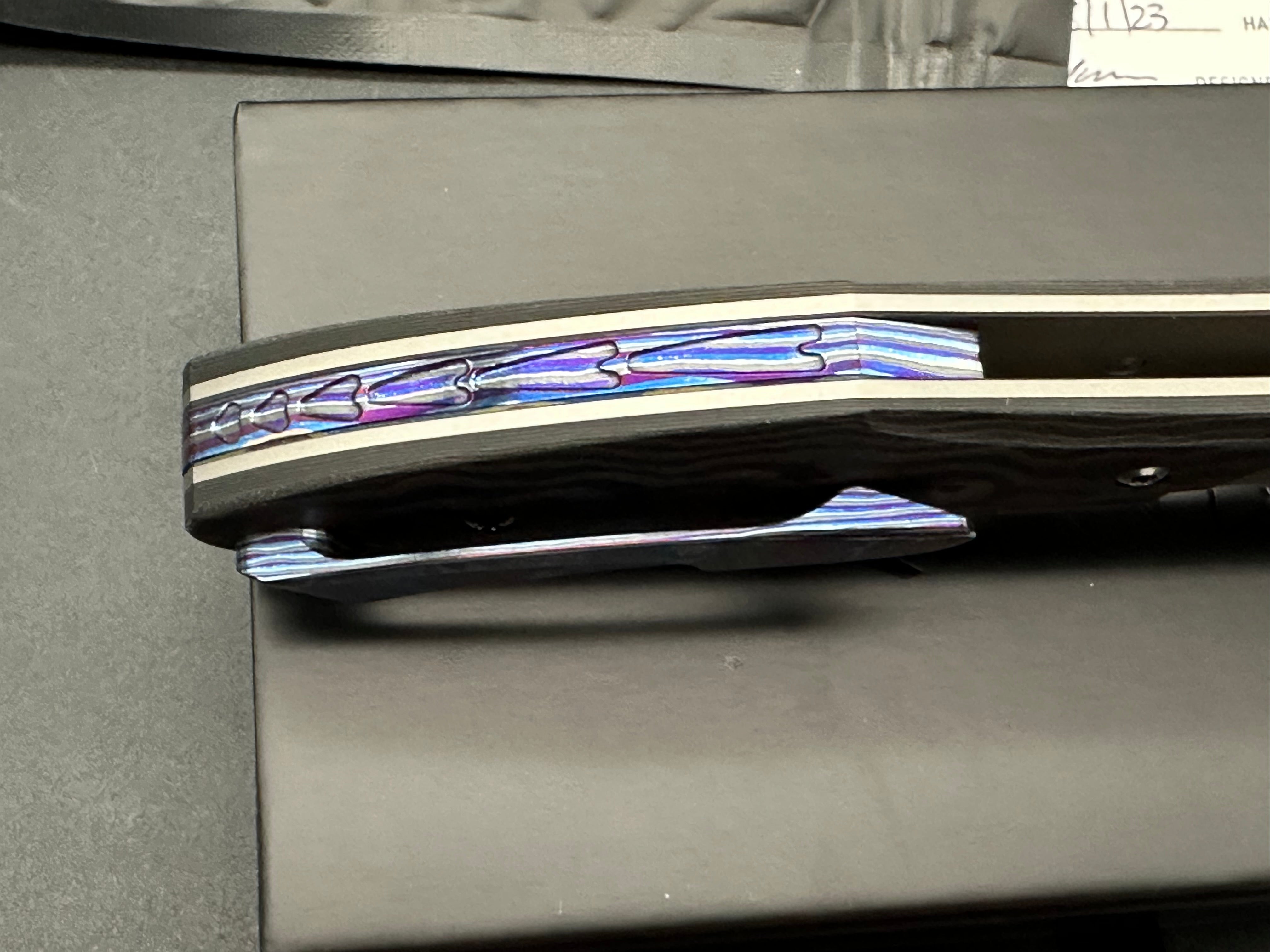 Null Knives Voodoo titanium/CF handles w/Hand satin M390 blade with full Dark Timascus kit