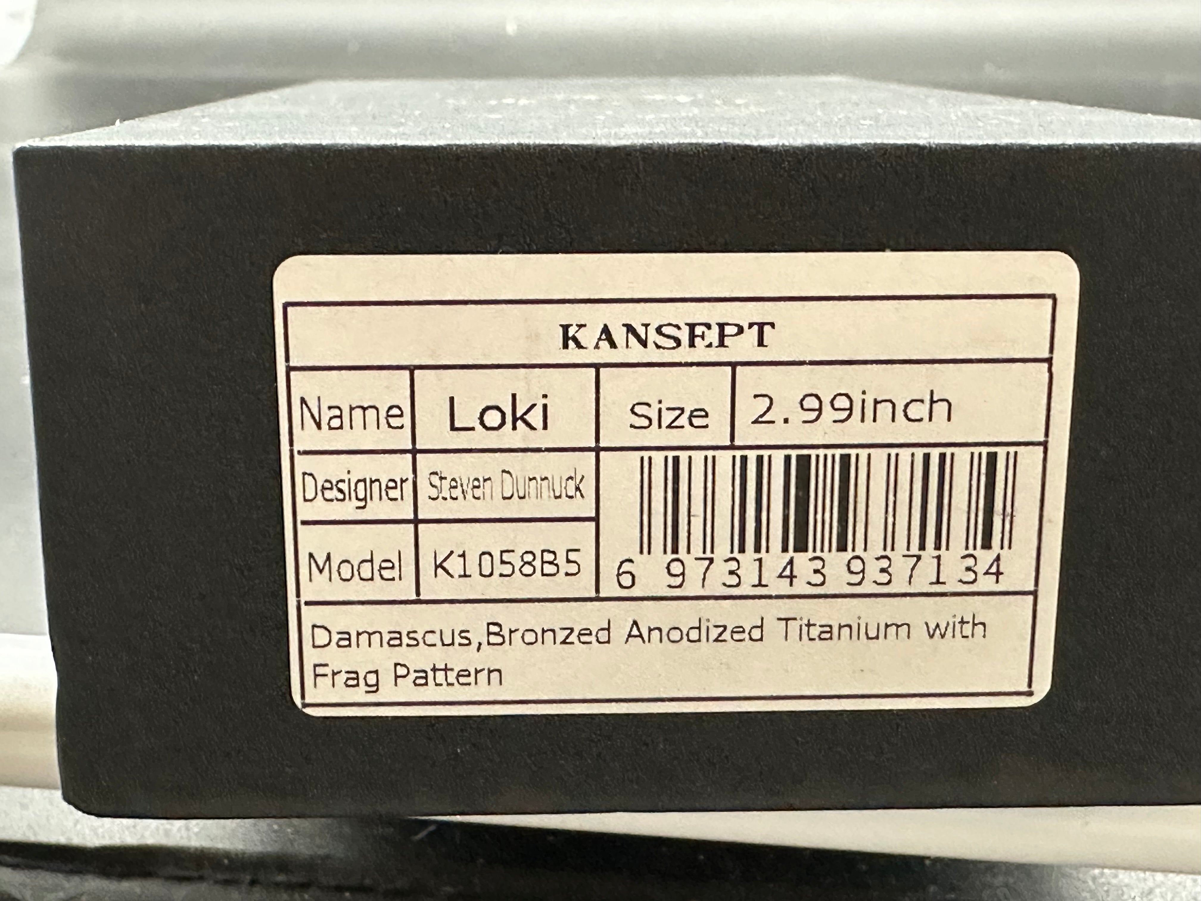 Kansept Knives Loki Frame Lock Folding Knife 2.99" Damascus Black Harpoon Blade, Bronze Frag Titanium Handles