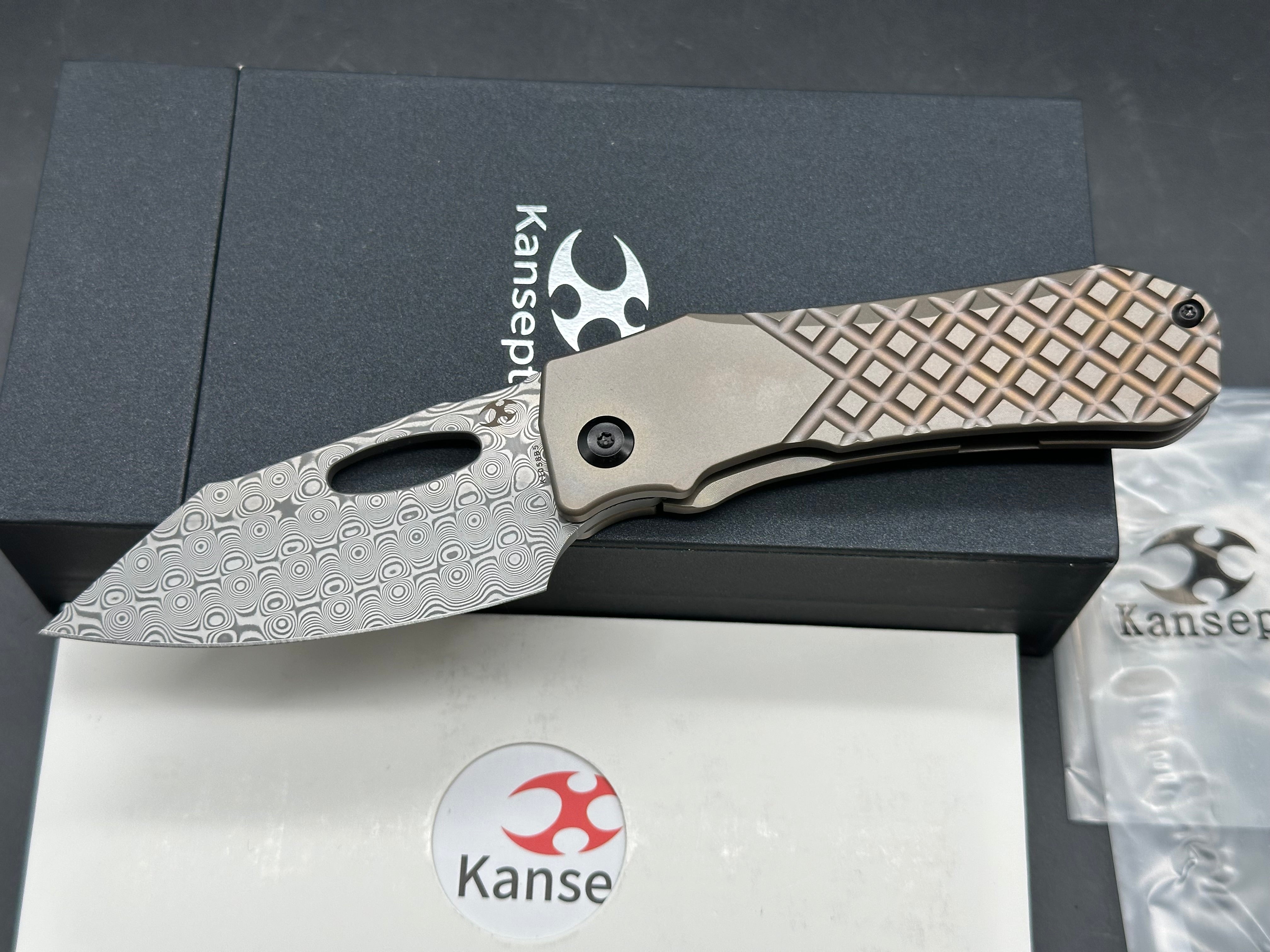 Kansept Knives Loki Frame Lock Folding Knife 2.99" Damascus Black Harpoon Blade, Bronze Frag Titanium Handles