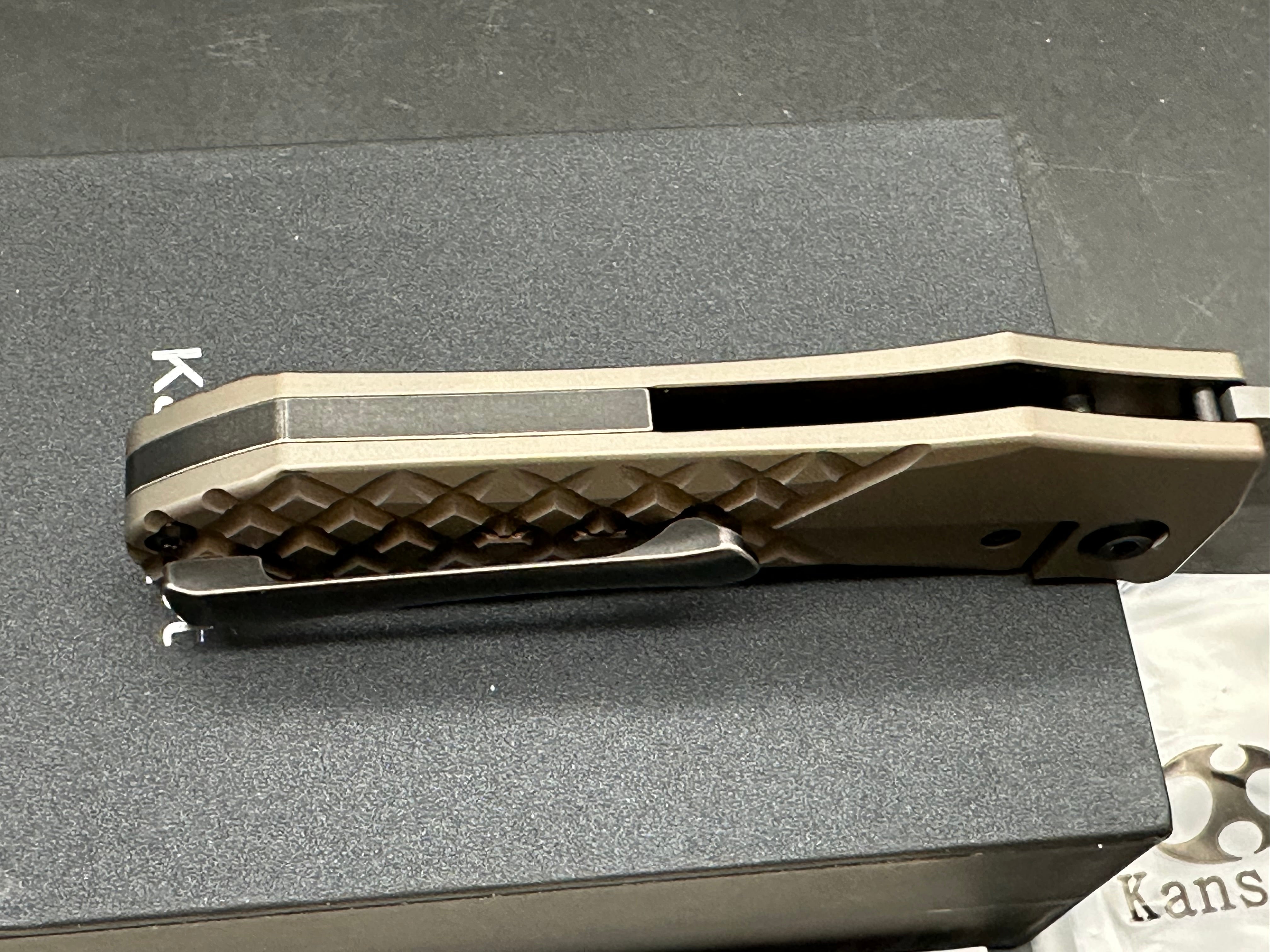 Kansept Knives Loki Frame Lock Folding Knife 2.99" Damascus Black Harpoon Blade, Bronze Frag Titanium Handles