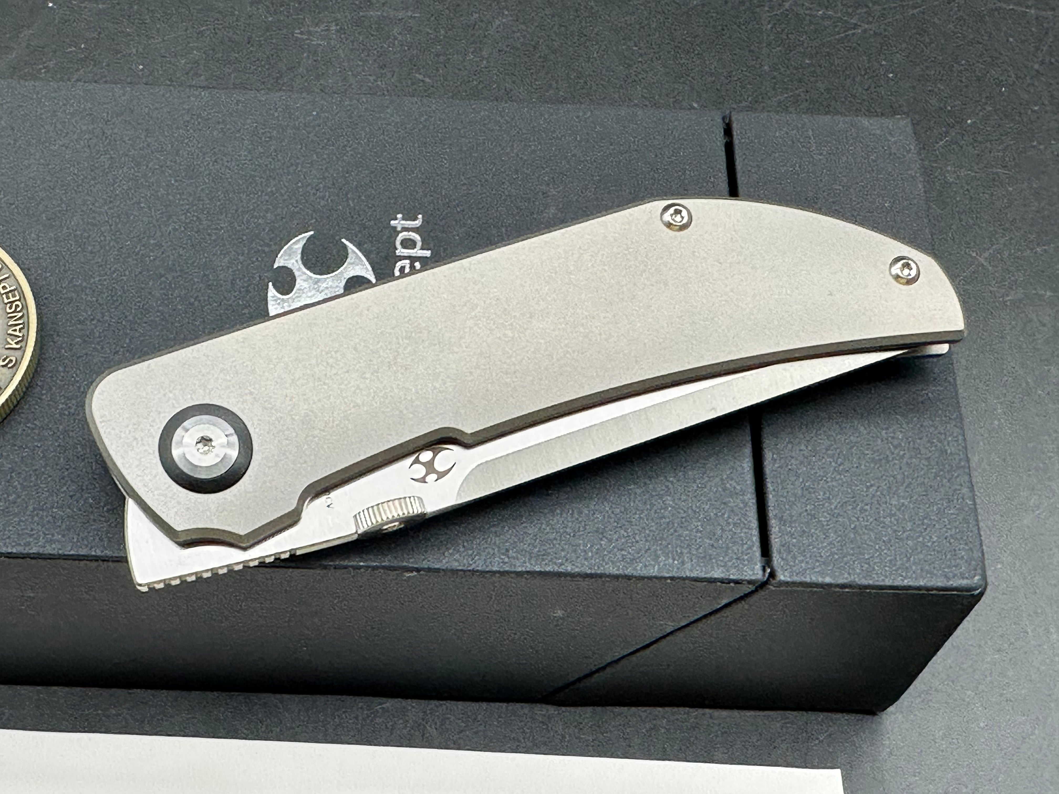 Kansept Knives Matthew Christensen Tarkin Frame Lock Front Flipper 3.36" CPM-20CV Modified Tanto Blade Titanium Handles