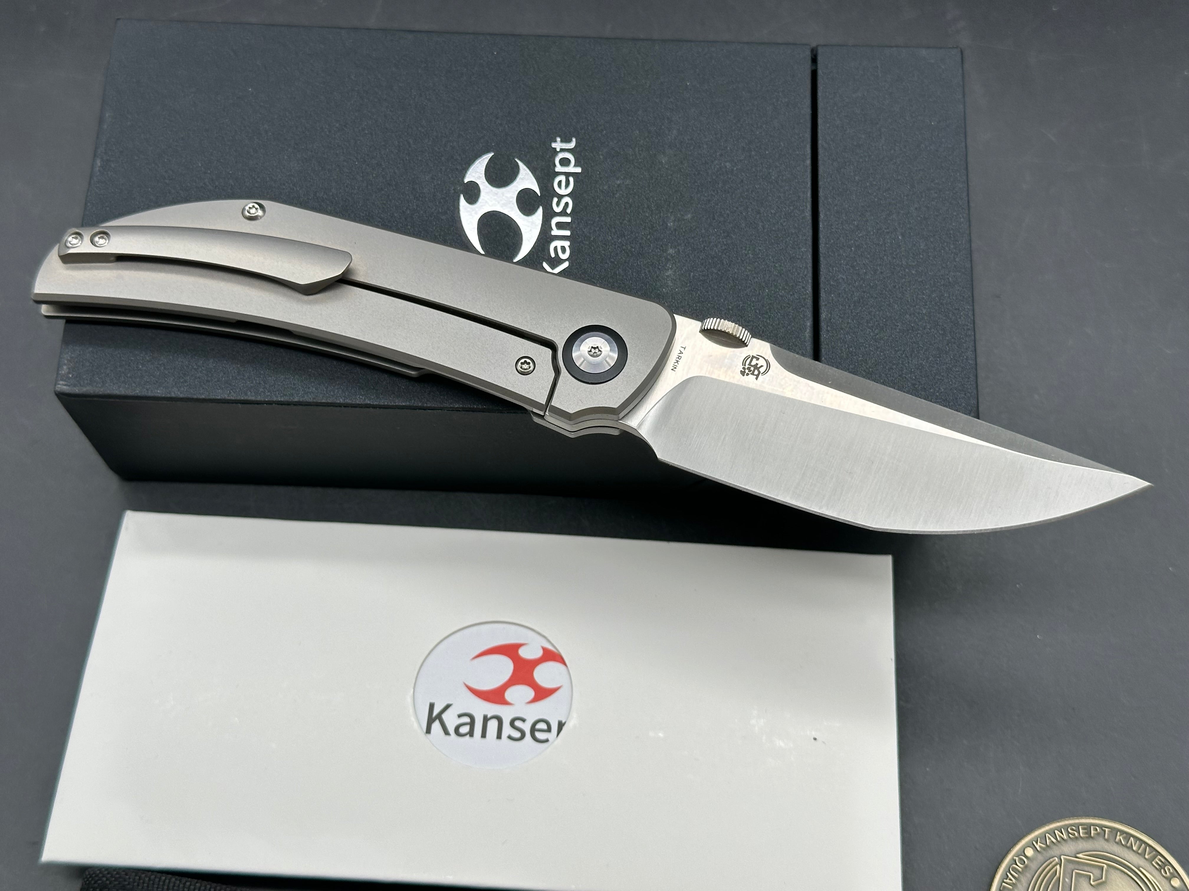 Kansept Knives Matthew Christensen Tarkin Frame Lock Front Flipper 3.36" CPM-20CV Modified Tanto Blade Titanium Handles
