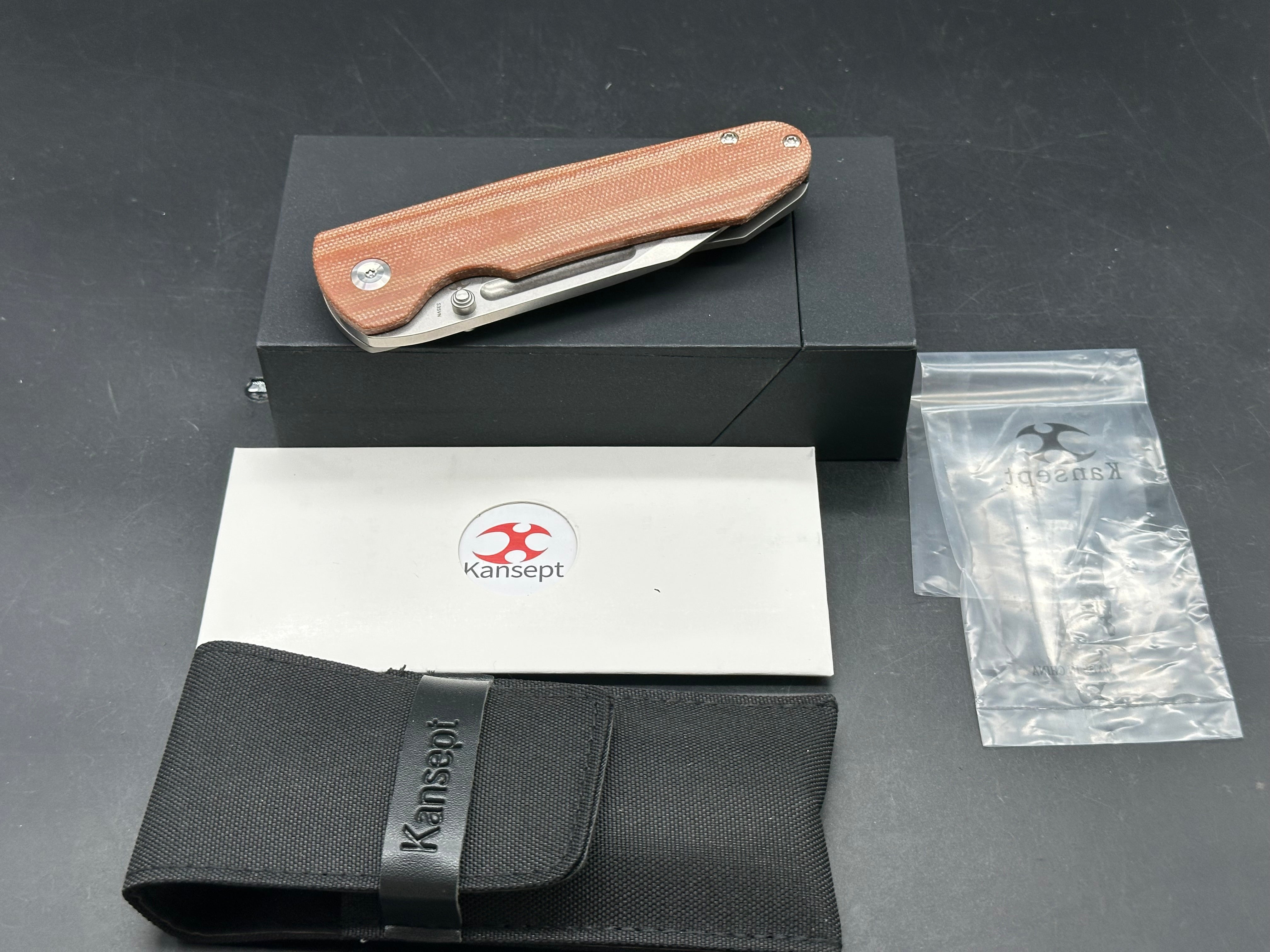 Kansept Knives Superhawk 3.89" CPM-S35VN Stonewashed Recurve Blade, Brown Micarta and Titanium Handles, Frame Lock