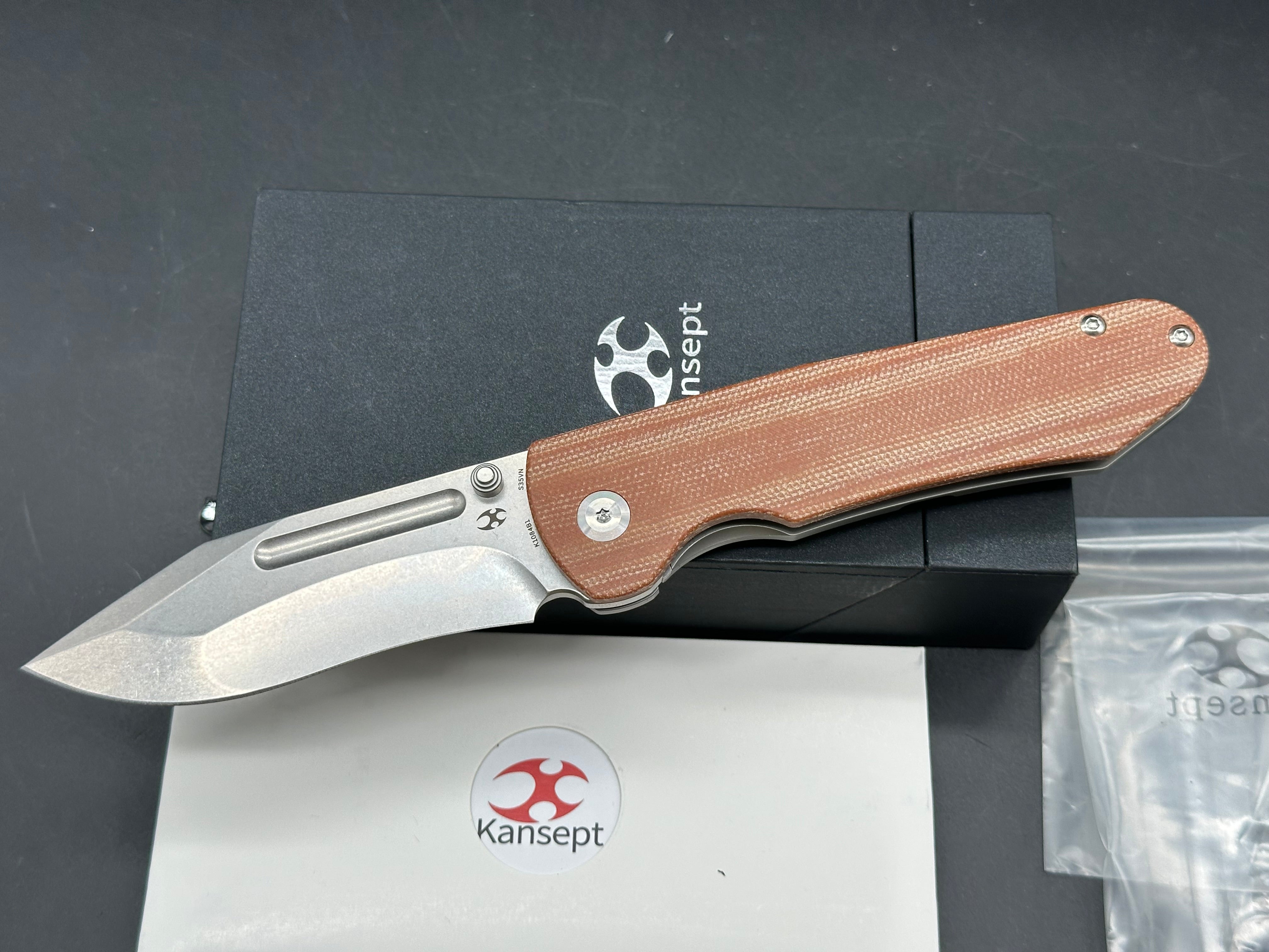 Kansept Knives Superhawk 3.89" CPM-S35VN Stonewashed Recurve Blade, Brown Micarta and Titanium Handles, Frame Lock