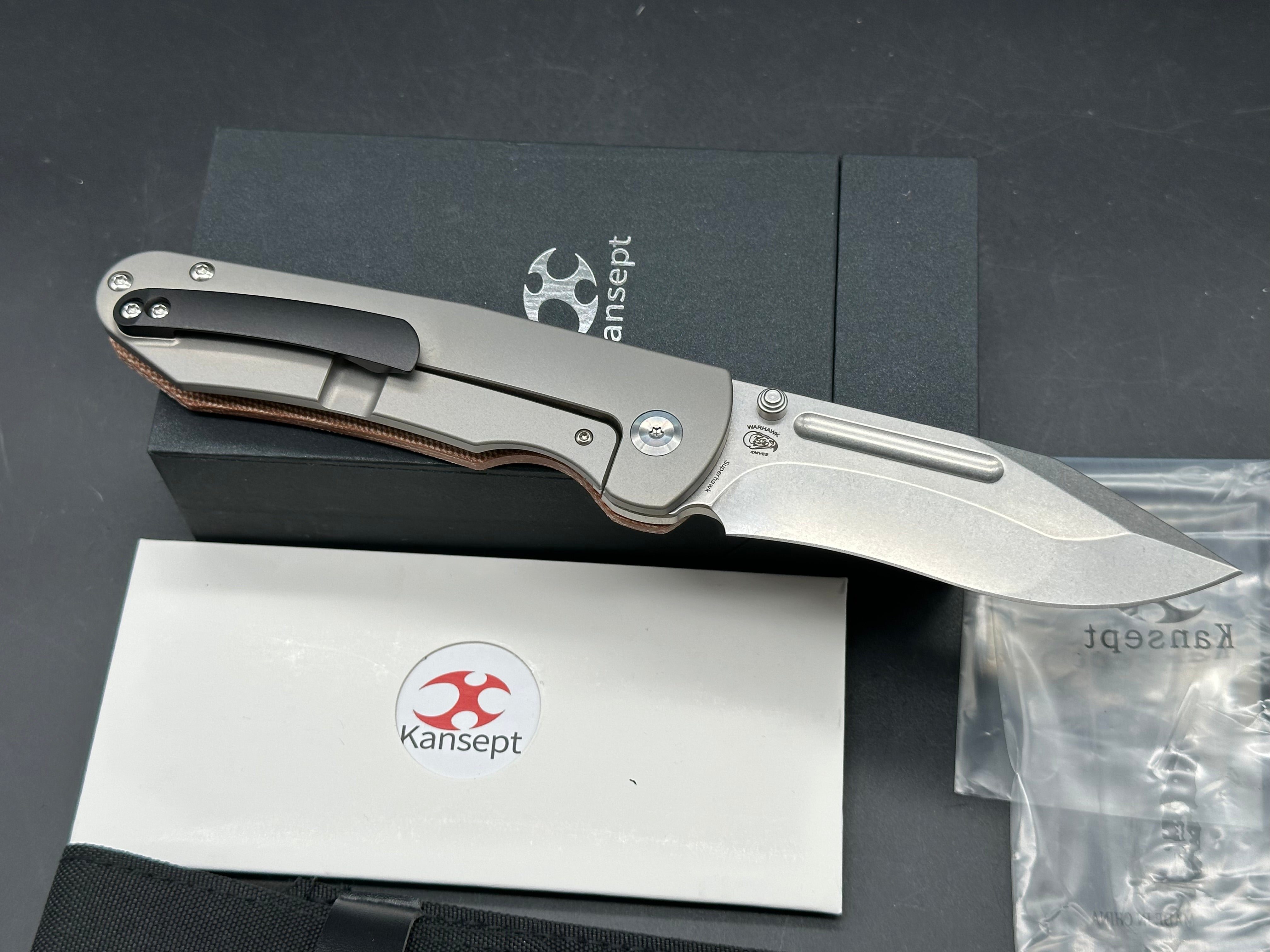 Kansept Knives Superhawk 3.89" CPM-S35VN Stonewashed Recurve Blade, Brown Micarta and Titanium Handles, Frame Lock