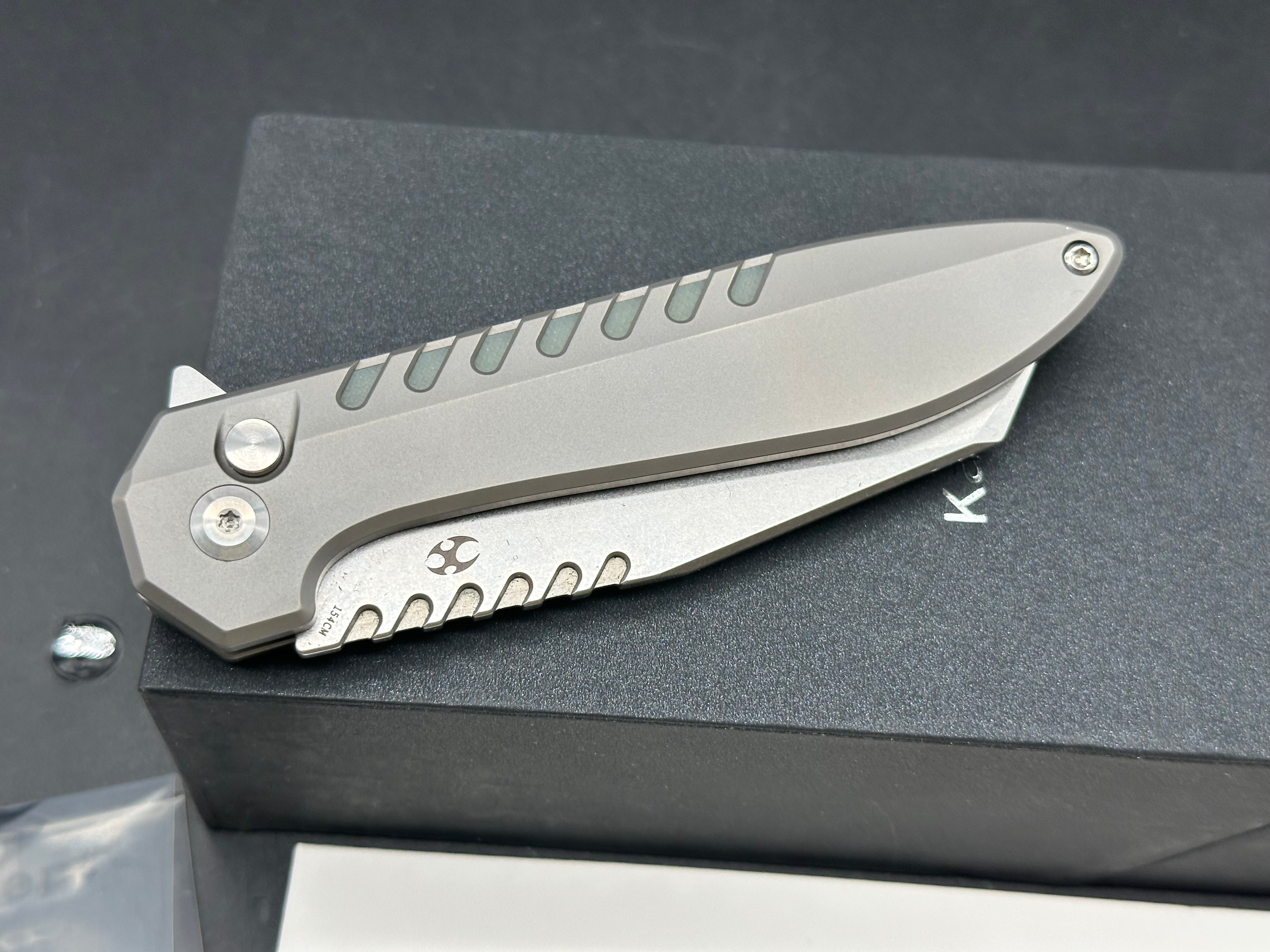 Kansept Kosame Button Lock Flipper Knife 3.37" 154CM Wharncliffe Blade, Stonewashed Titanium Handles
