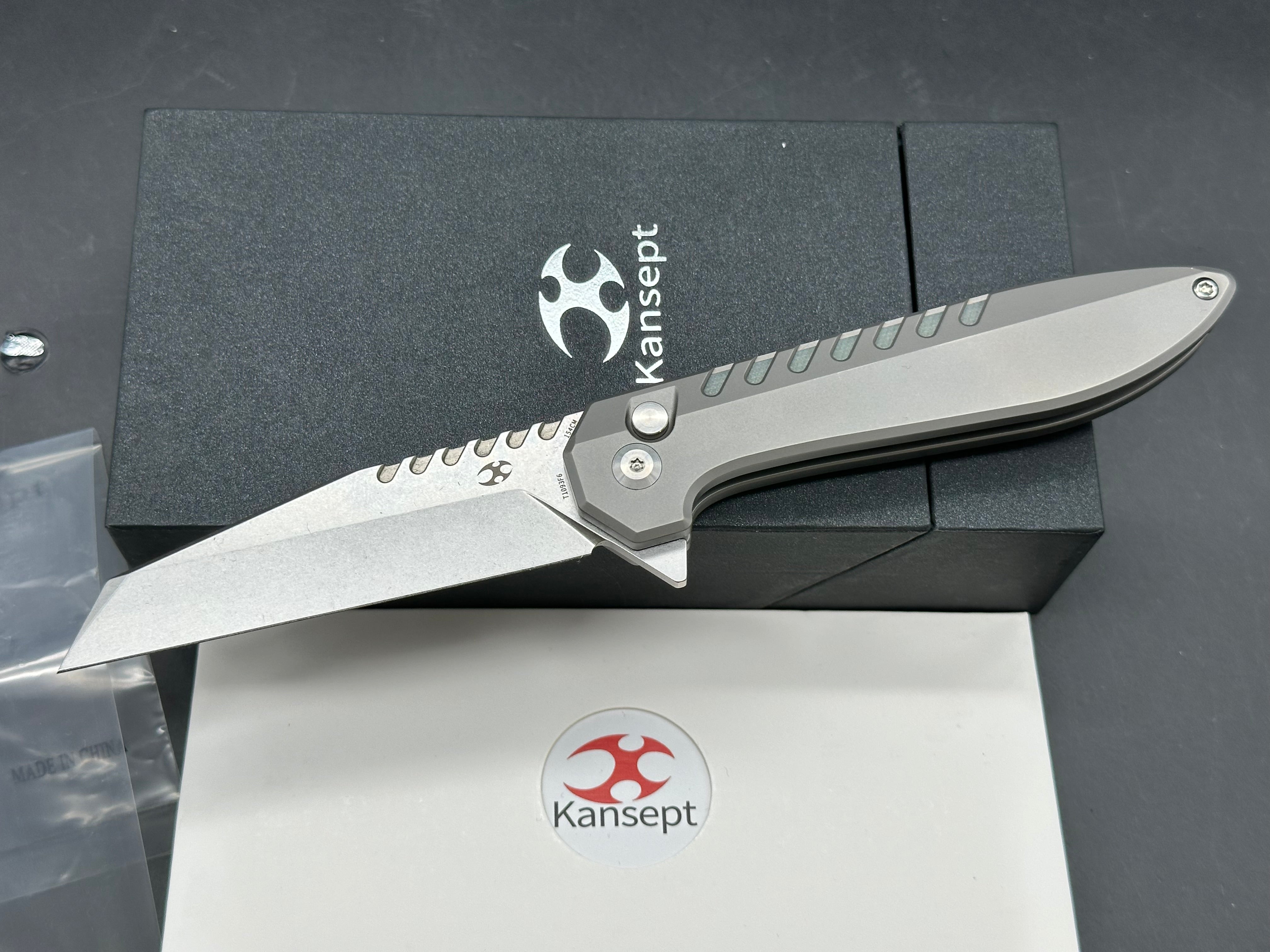 Kansept Kosame Button Lock Flipper Knife 3.37" 154CM Wharncliffe Blade, Stonewashed Titanium Handles