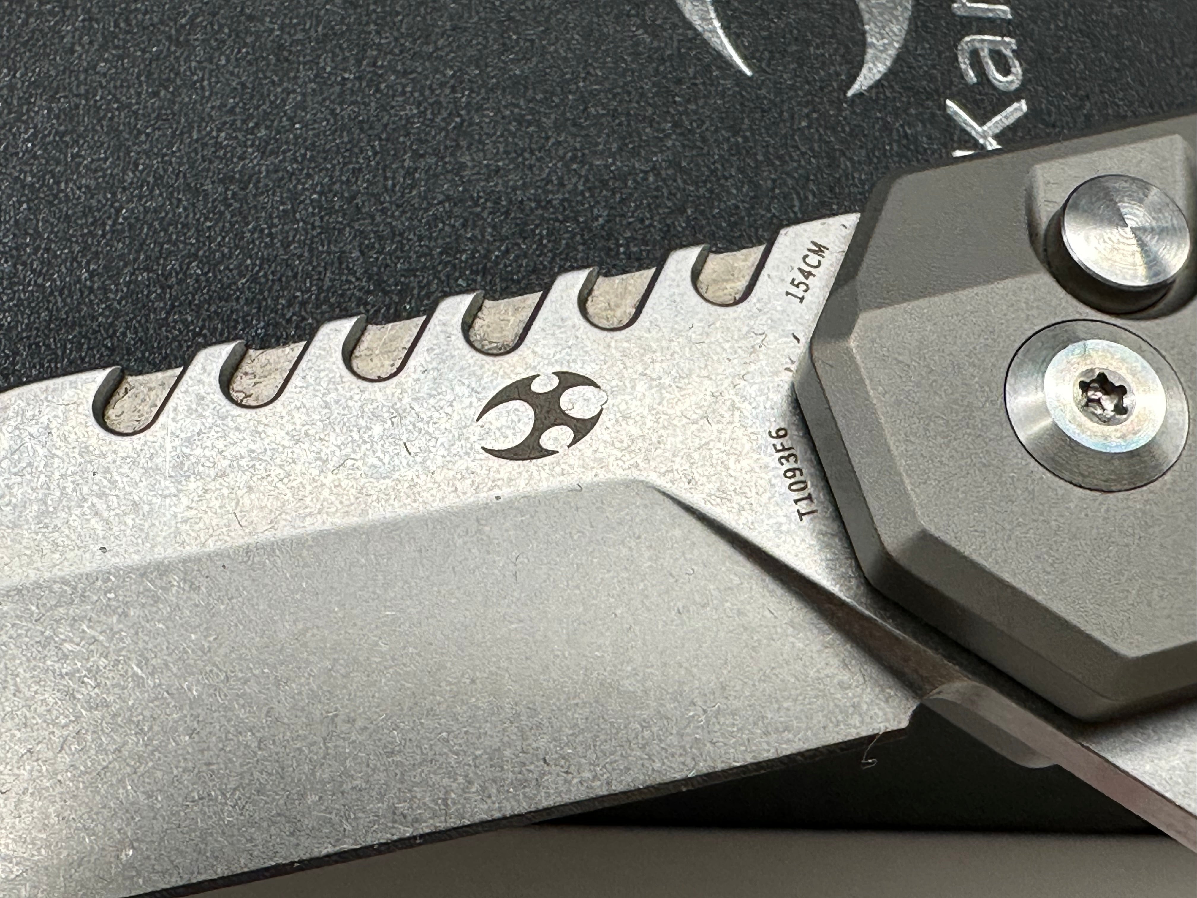Kansept Kosame Button Lock Flipper Knife 3.37" 154CM Wharncliffe Blade, Stonewashed Titanium Handles