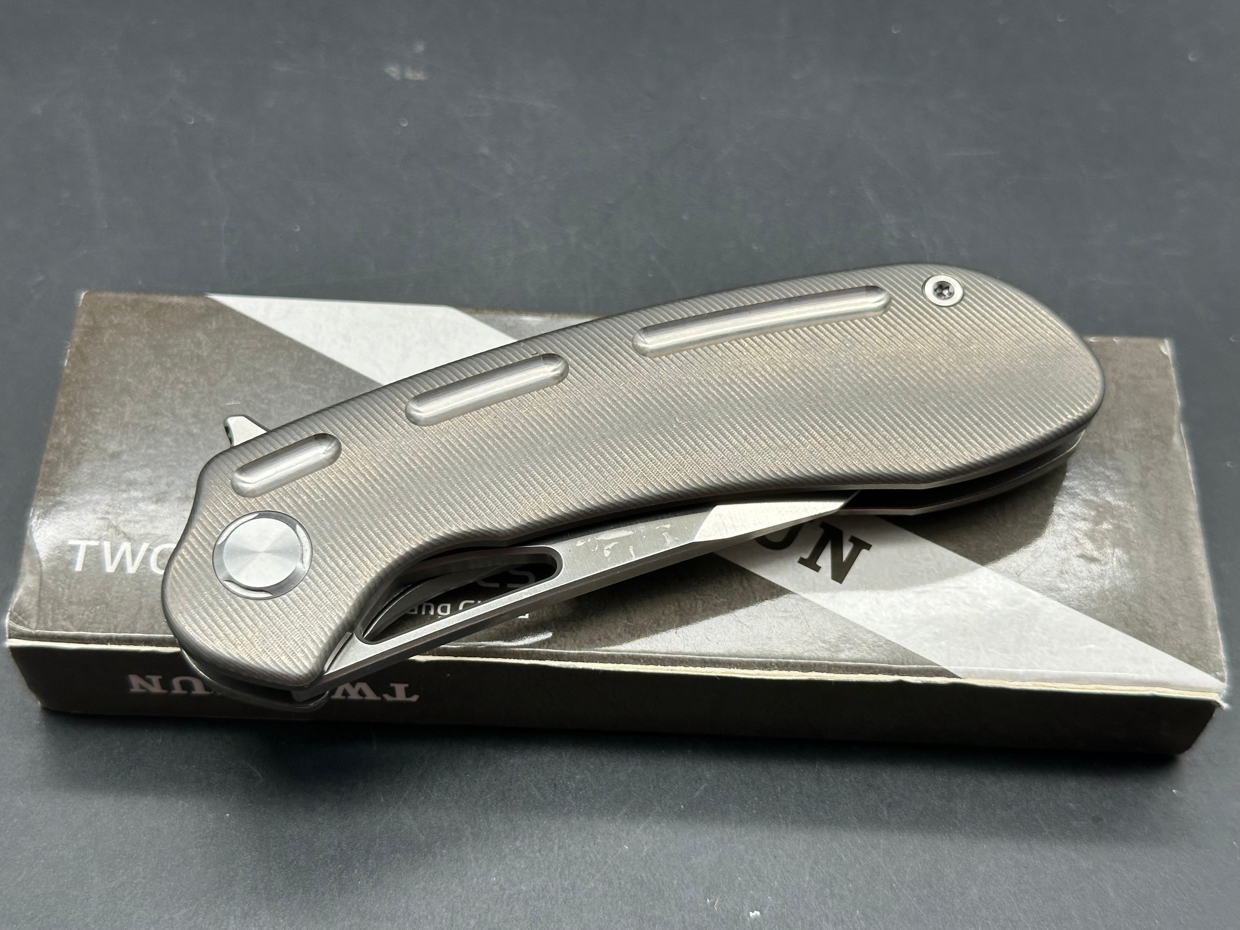 TwoSun TS261 Folding Knife Gray Titanium Handle S110V Plain Edge