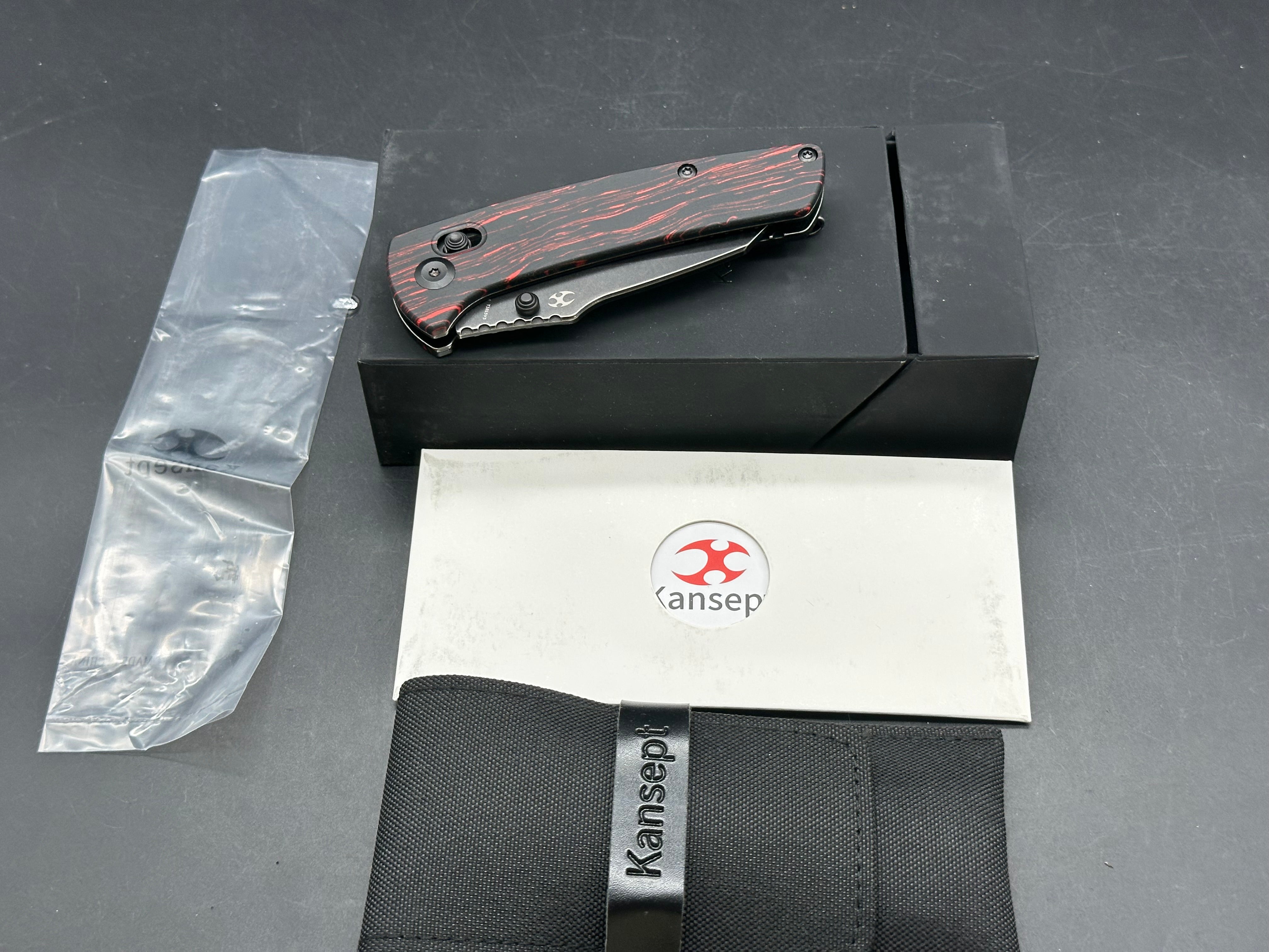 Kansept Knives Dirk Pinkerton Main Street 3.36" 154CM Black Wharncliffe Blade, Red G-Mascus Handles