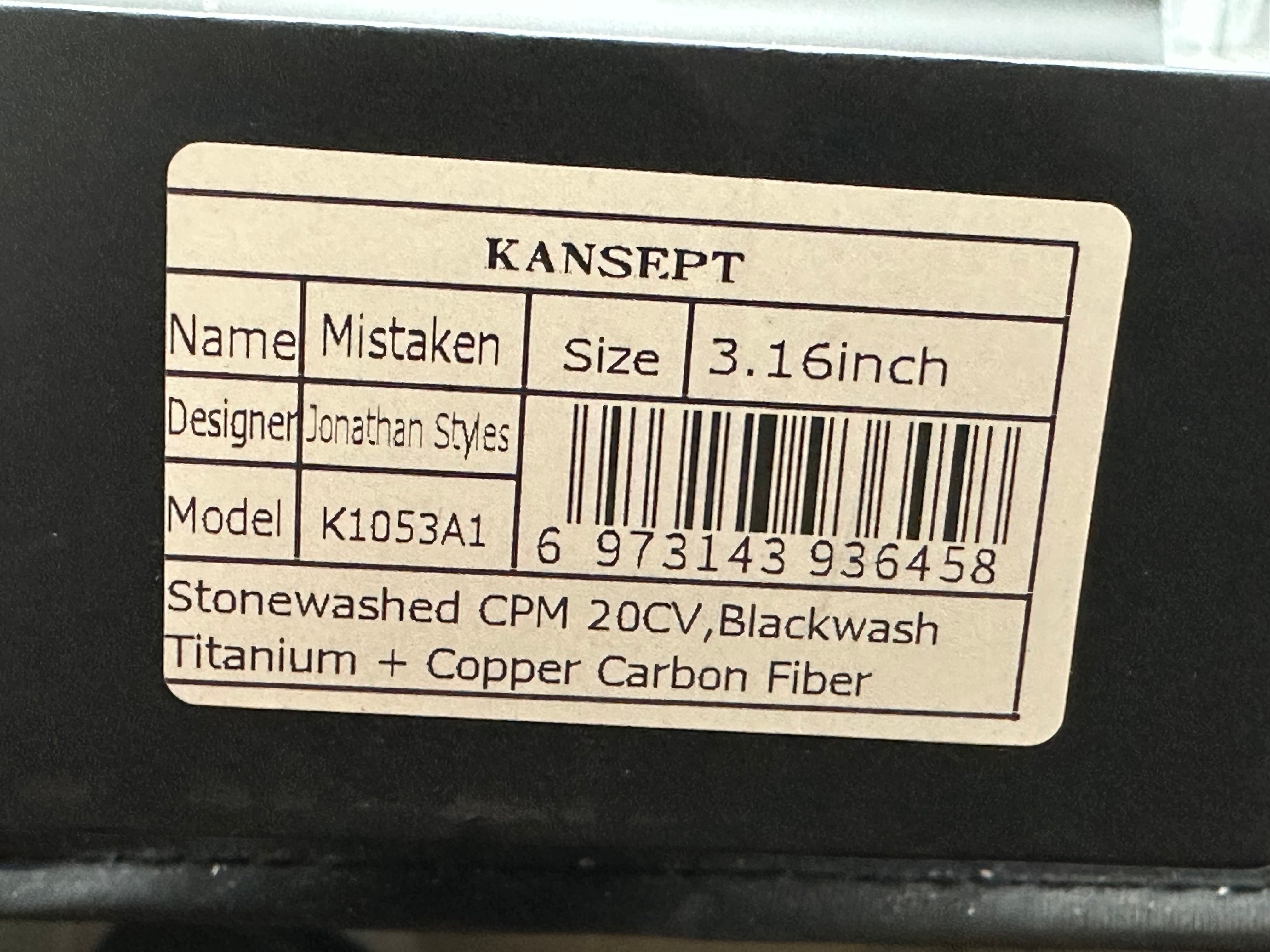 Kansept Knives Jonathan Styles Mistaken 3.15" CPM-20CV Modified Wharncliffe Blade, Black Titanium Handles with Copper Carbon Fiber Inlays