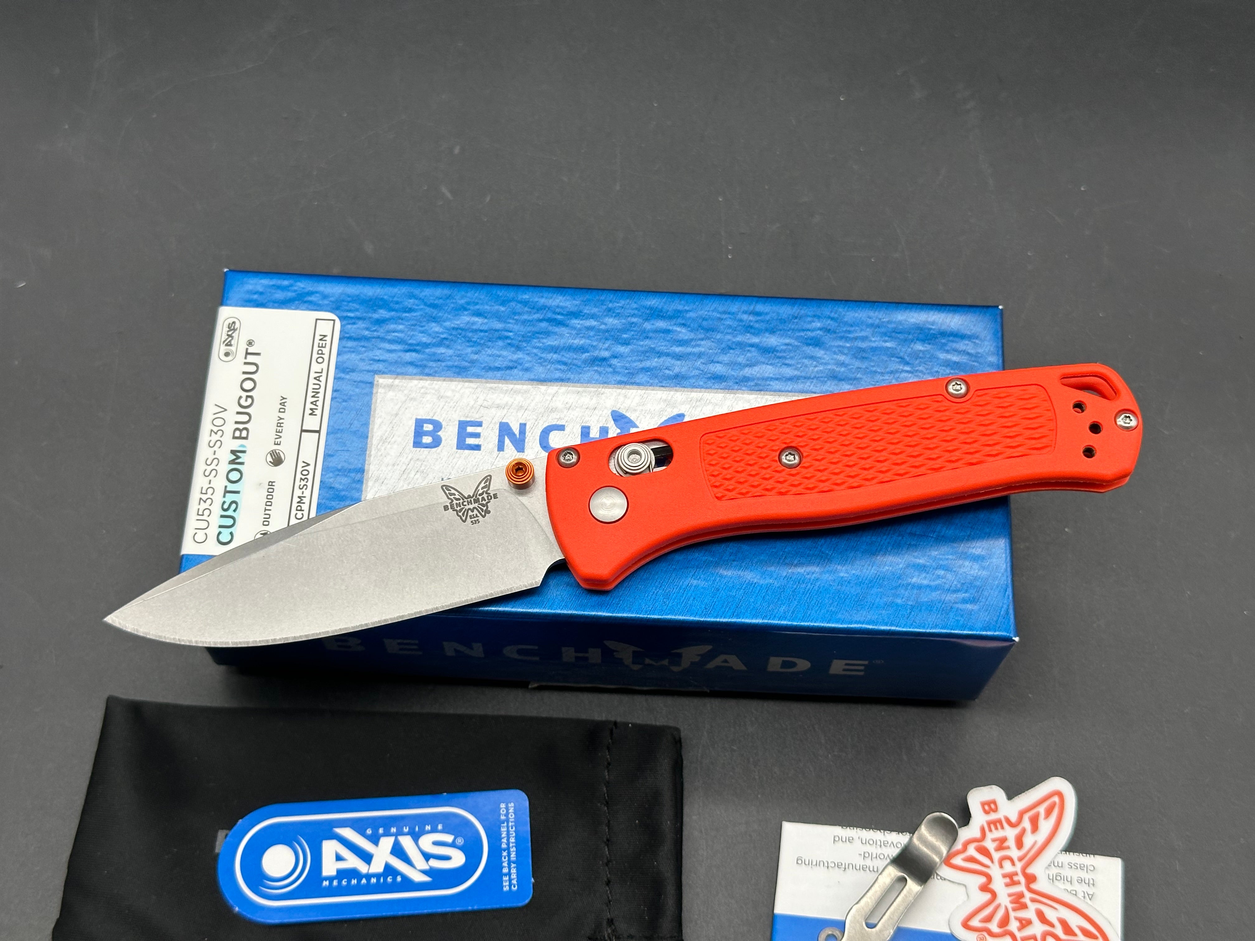 Benchmade Bugout-Custom, 3.24" CPM S30V Stonewash Blade with Orange Grivory Scales