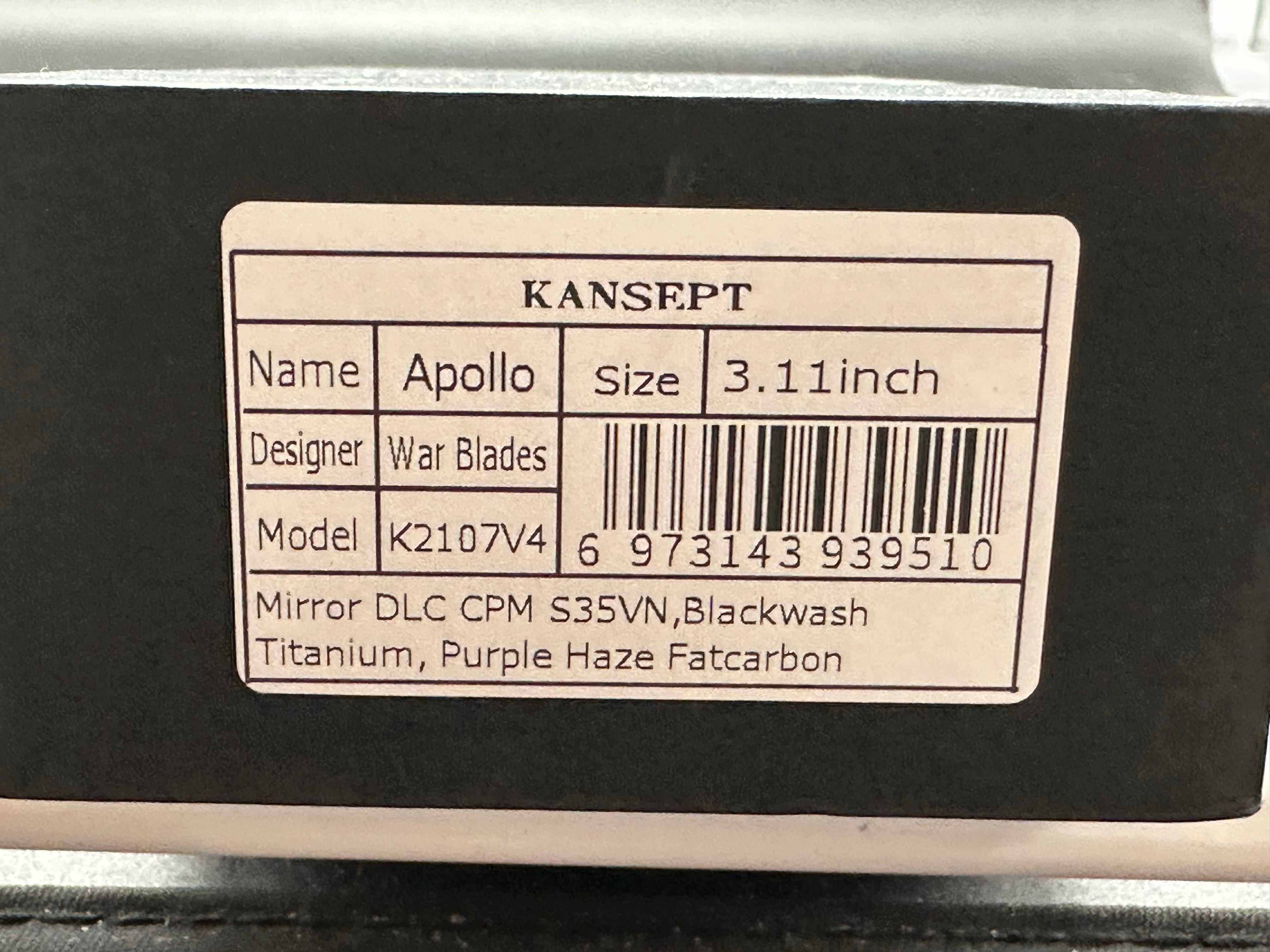 KANSEPT APOLLO BLACKWASH TITANIUM/PURPLE HAZE FATCARBON HANDLE S35VN MIRROR DLC FINISH