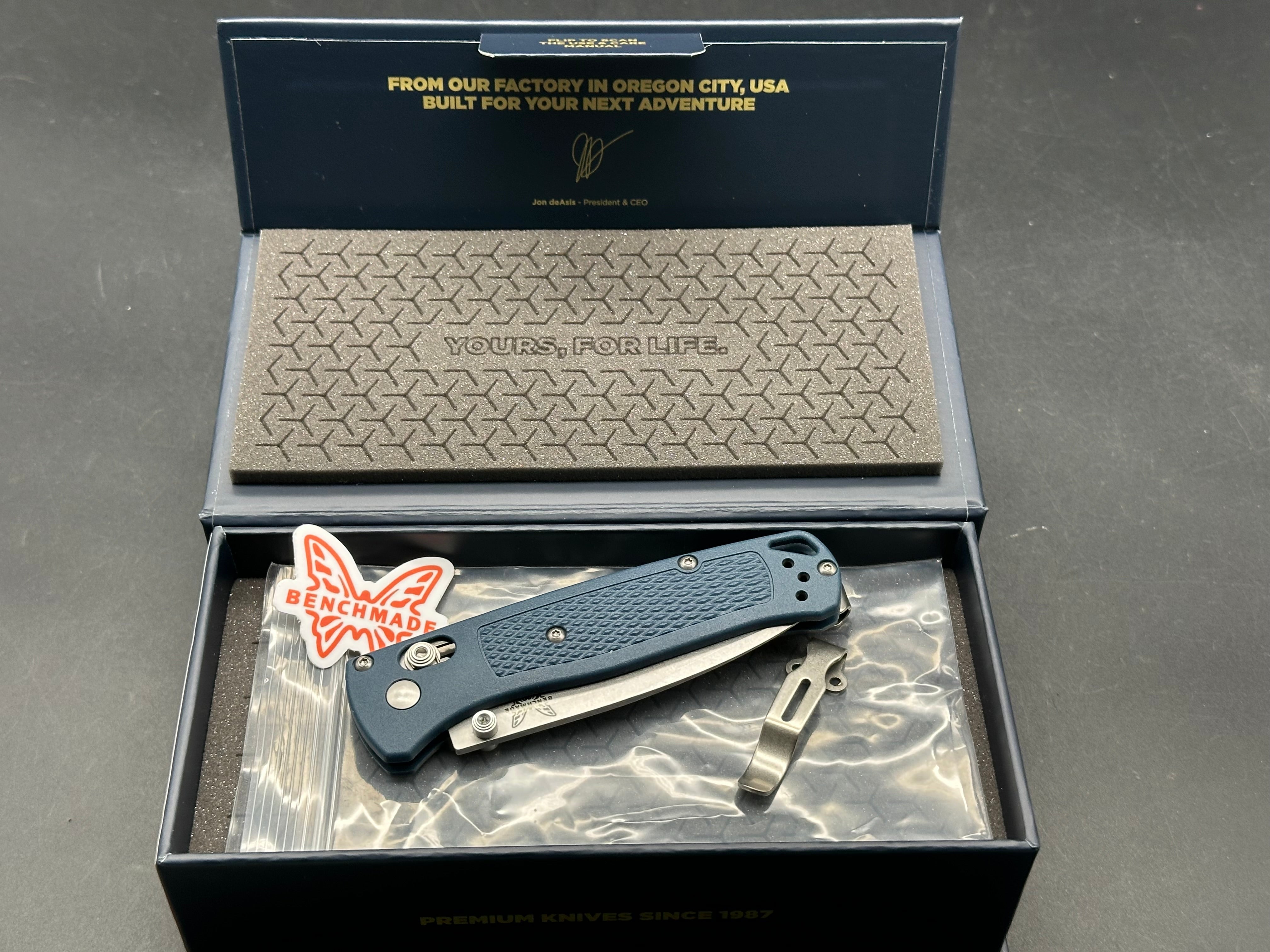 Benchmade Bugout - Custom 3.24" CPM MagnaCut Stonewash Blade with Crater Blue Grivory Scales Lynch Pocket Clip