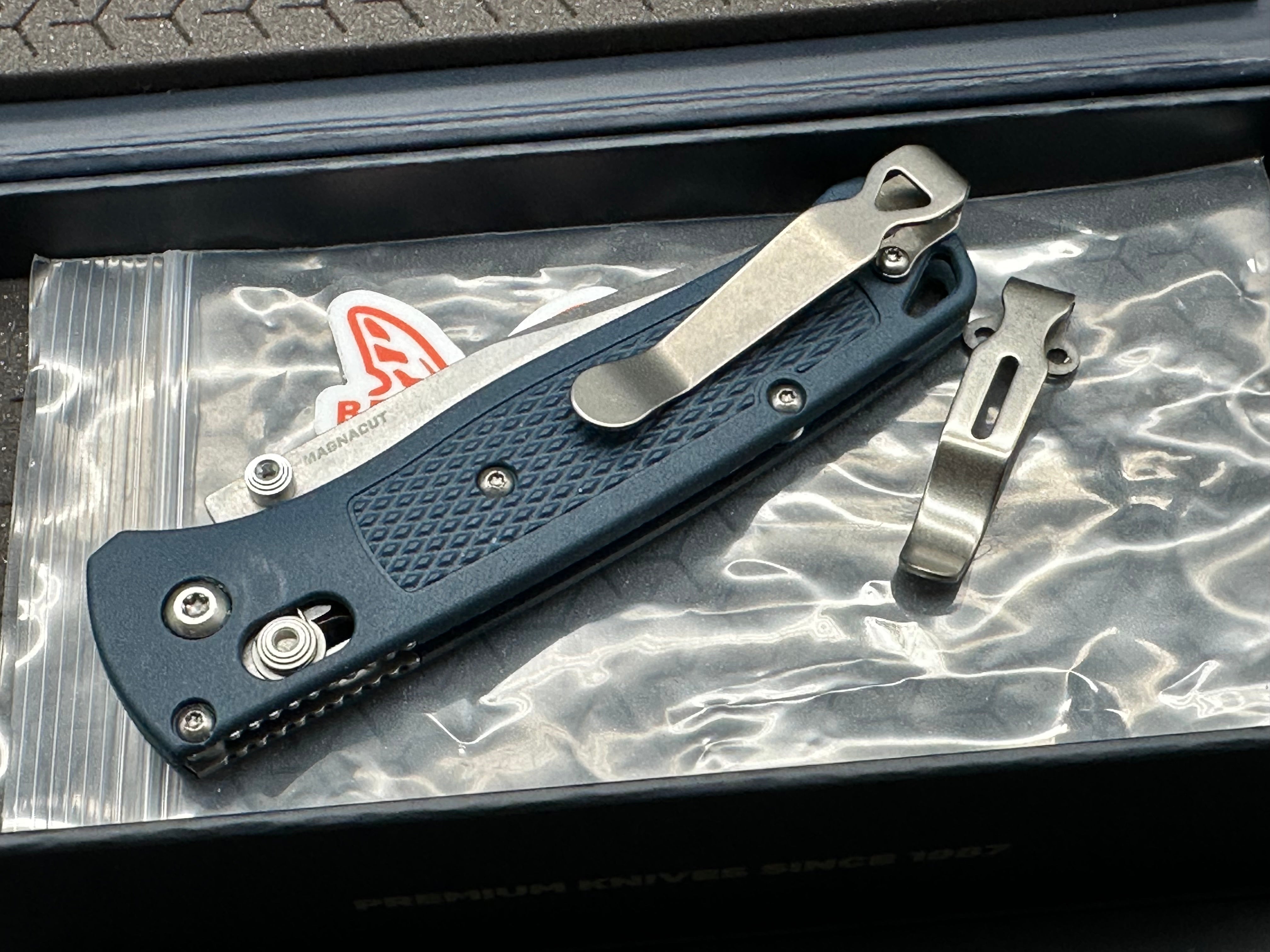 Benchmade Bugout - Custom 3.24" CPM MagnaCut Stonewash Blade with Crater Blue Grivory Scales Lynch Pocket Clip