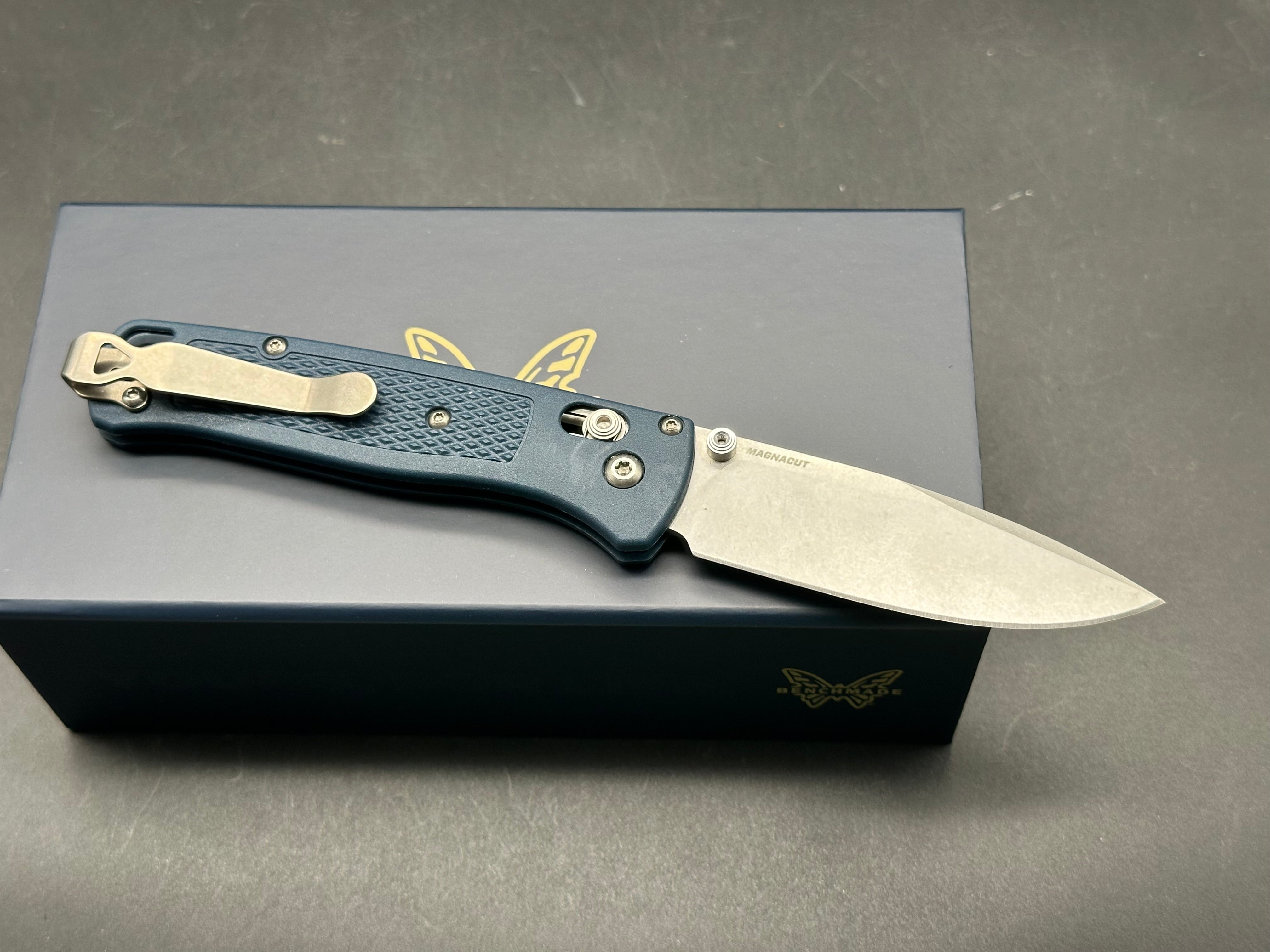 Benchmade Bugout - Custom 3.24" CPM MagnaCut Stonewash Blade with Crater Blue Grivory Scales Lynch Pocket Clip