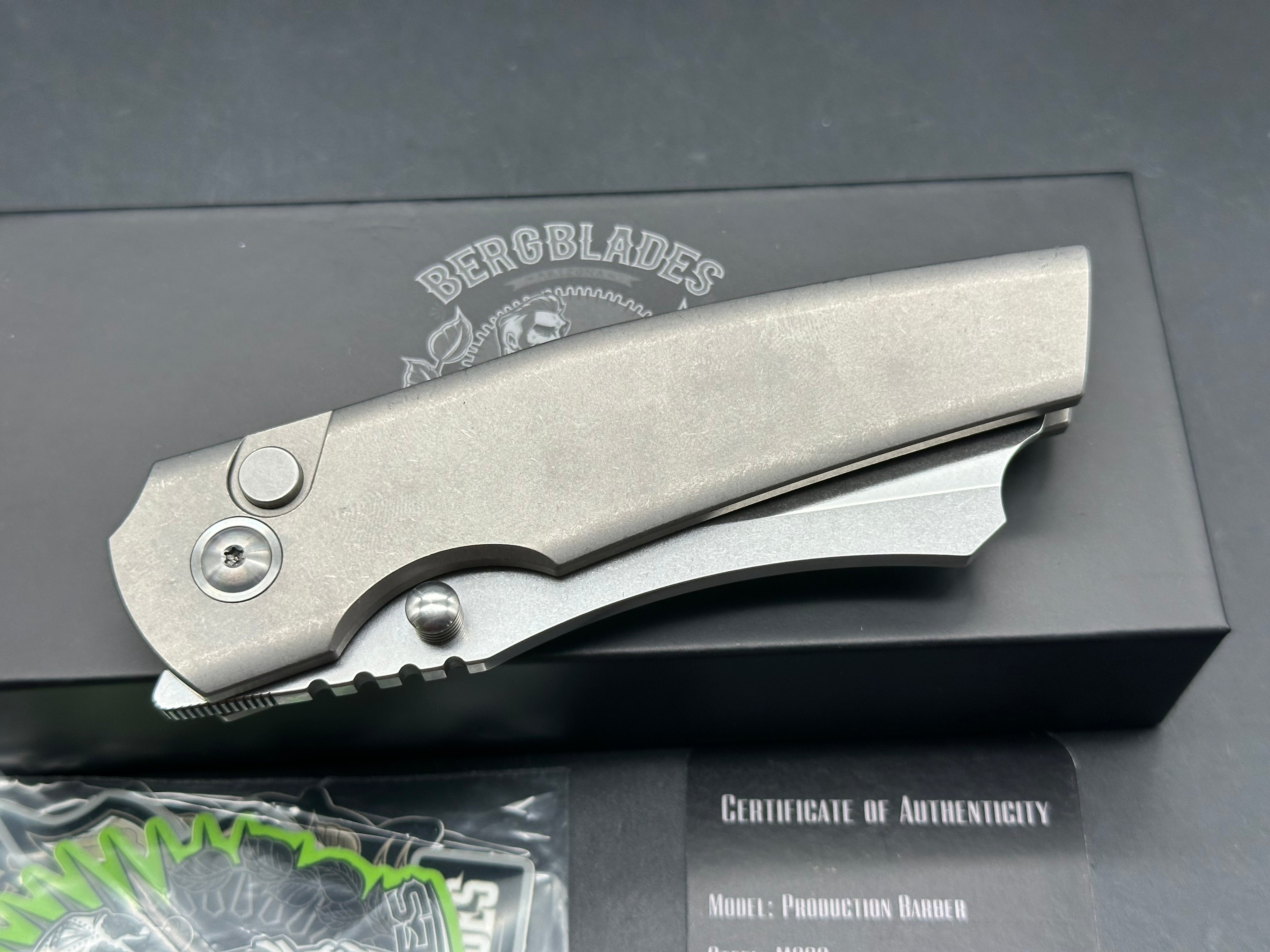 Berg Blades Button Lock Barber #15, Bright Stonewashed Hollow Ground M390 Blade