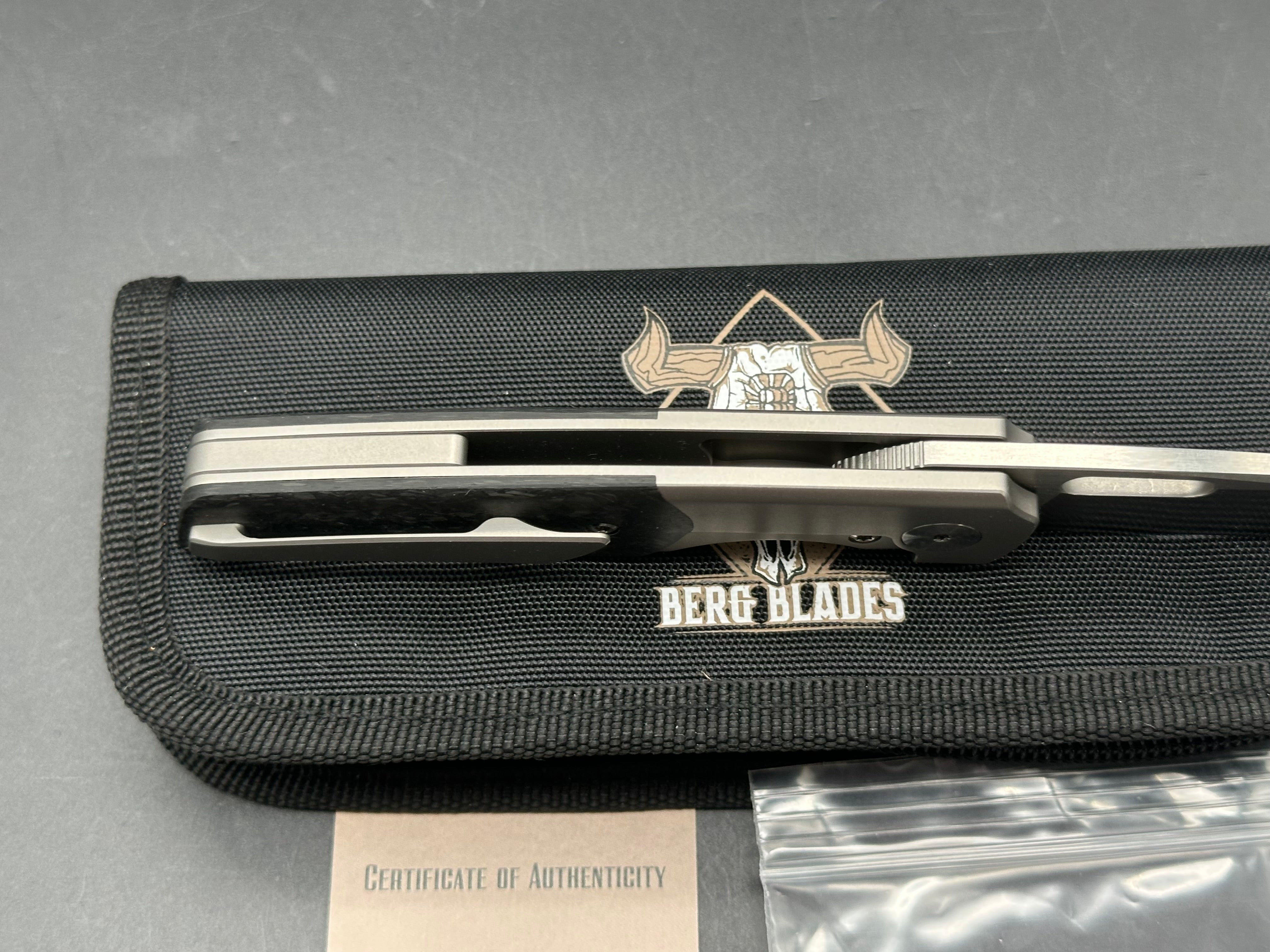 Berg Blades Sweeney #03, Belt Satin CPM-20CV Blade with Hand Satin Flats, Bead Blasted Titanium Handles with Carbon Fiber Inlays