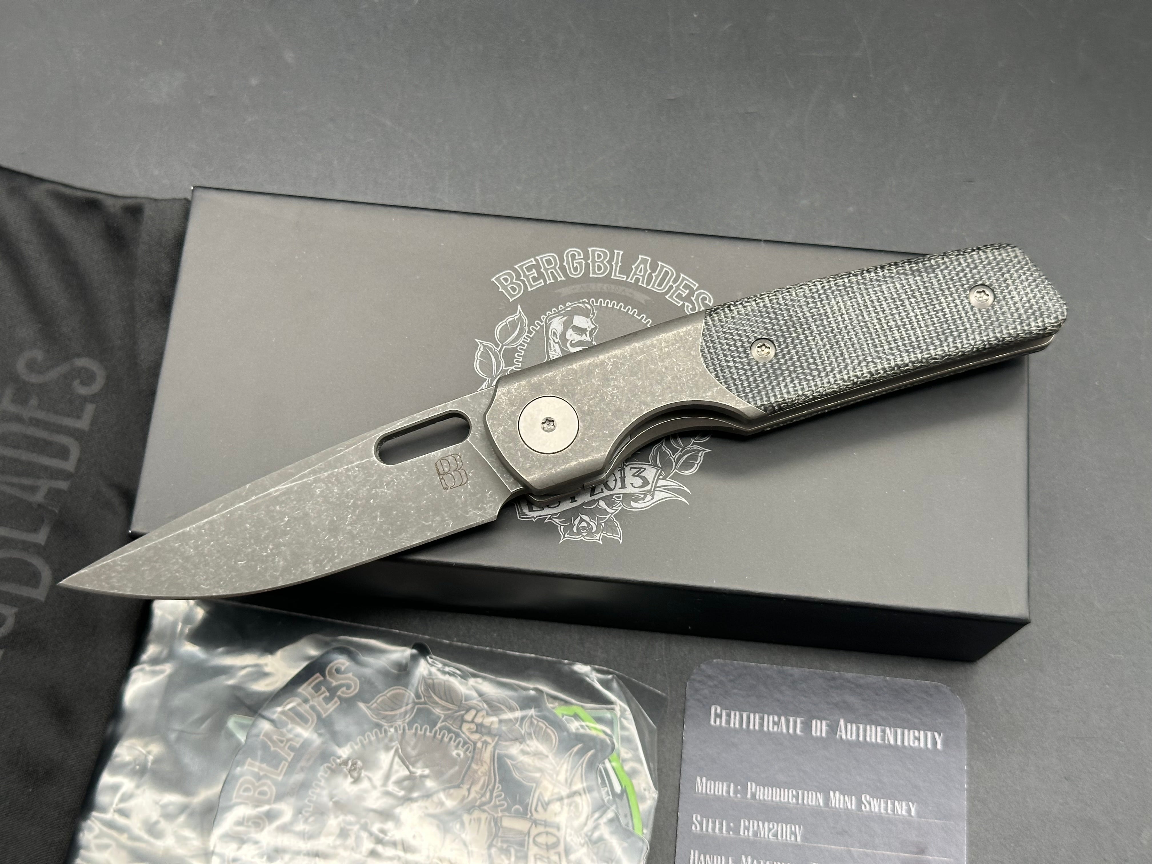 Berg Blades Mini Sweeney #15/25, Acid Wash Stonewashed CPM-20CV Blade, Dark Stonewashed Handles with Black Micarta Inlays