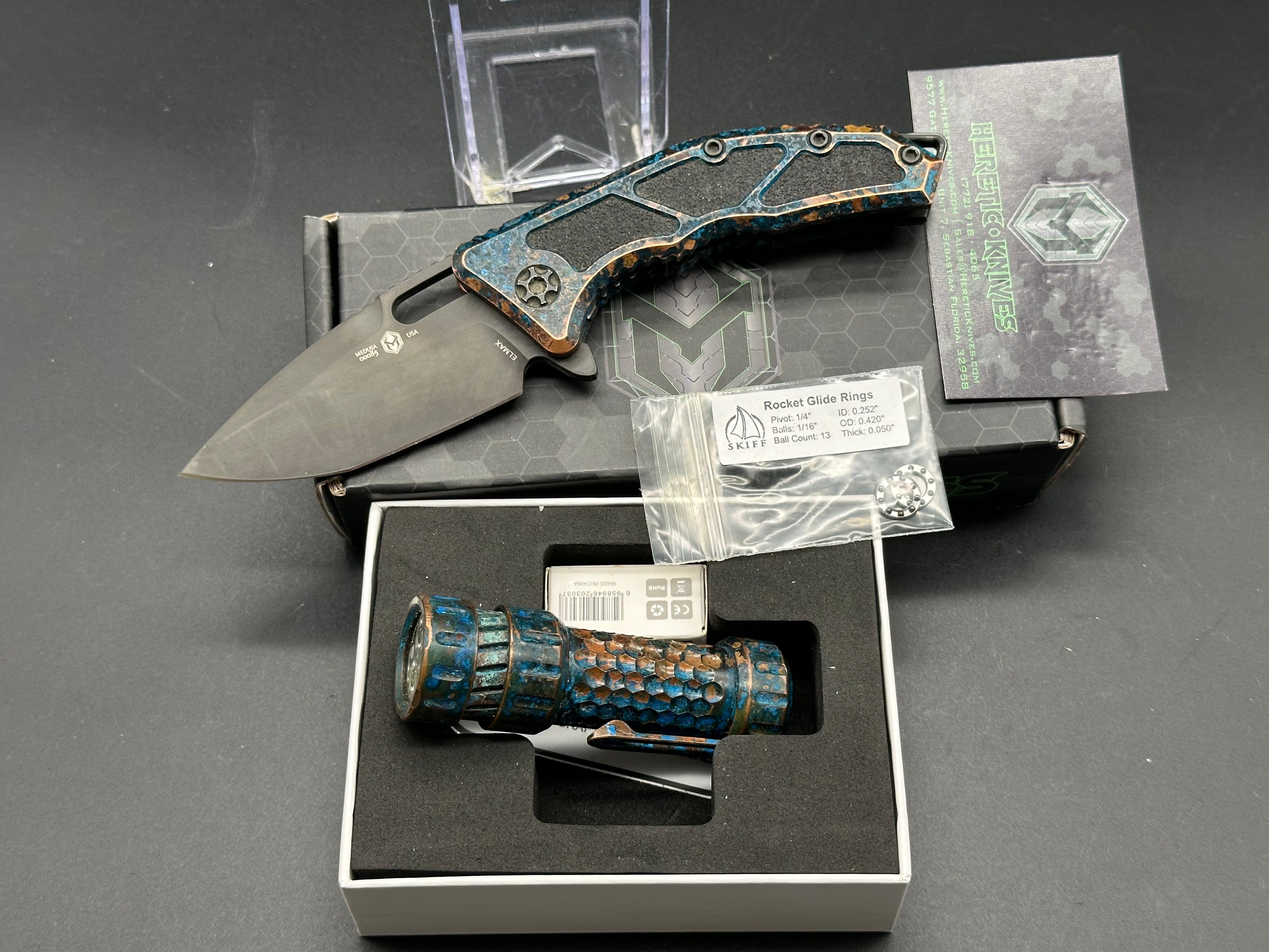 Heretic Knives – New Medusa Flipper & Mechforce Flashlight Set – Chemtina Finish