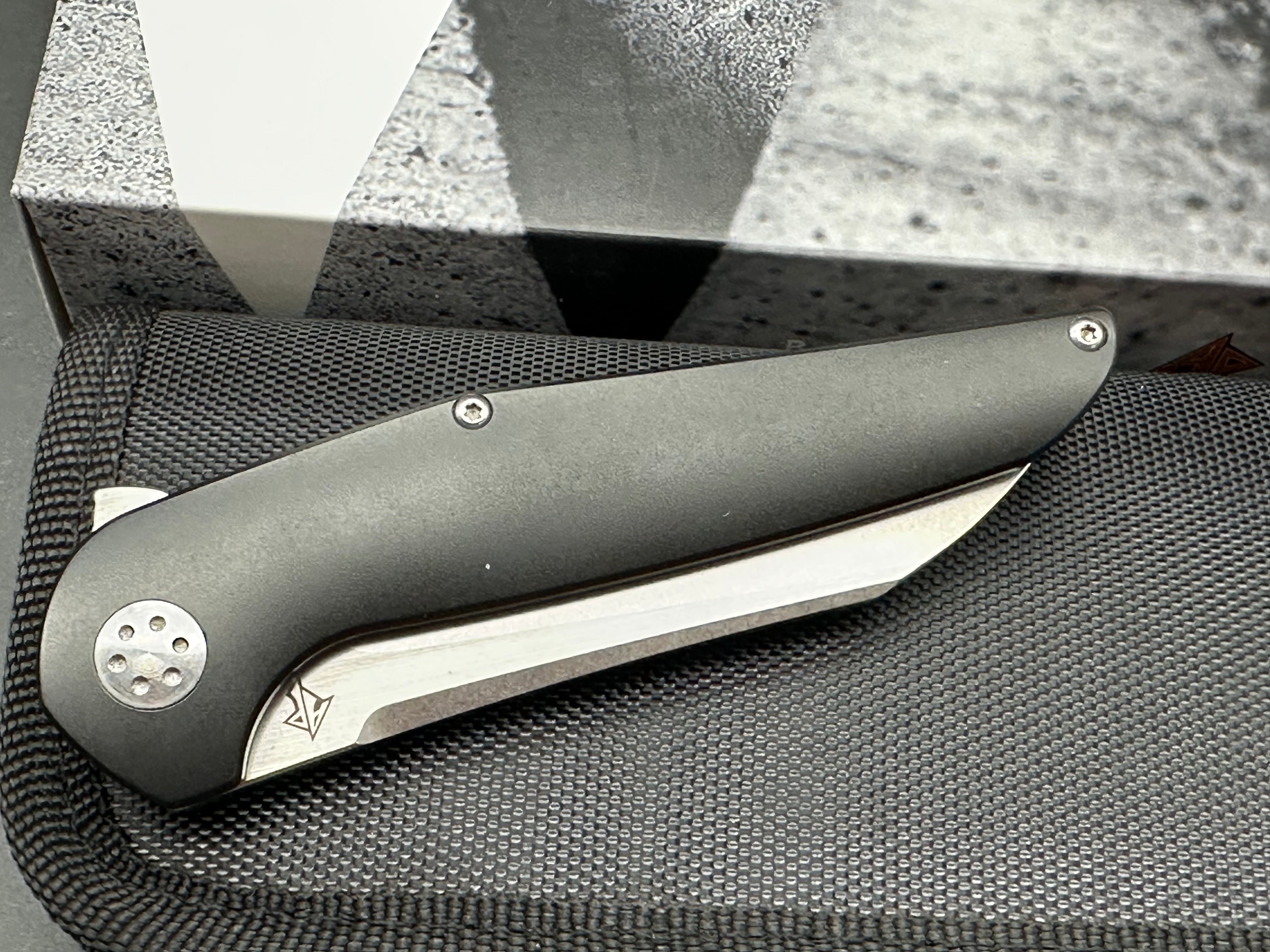 APurvis Blades Progeny V1, Stonewashed M390 Blade with Satin Flats, Black PVD Titanium Handles