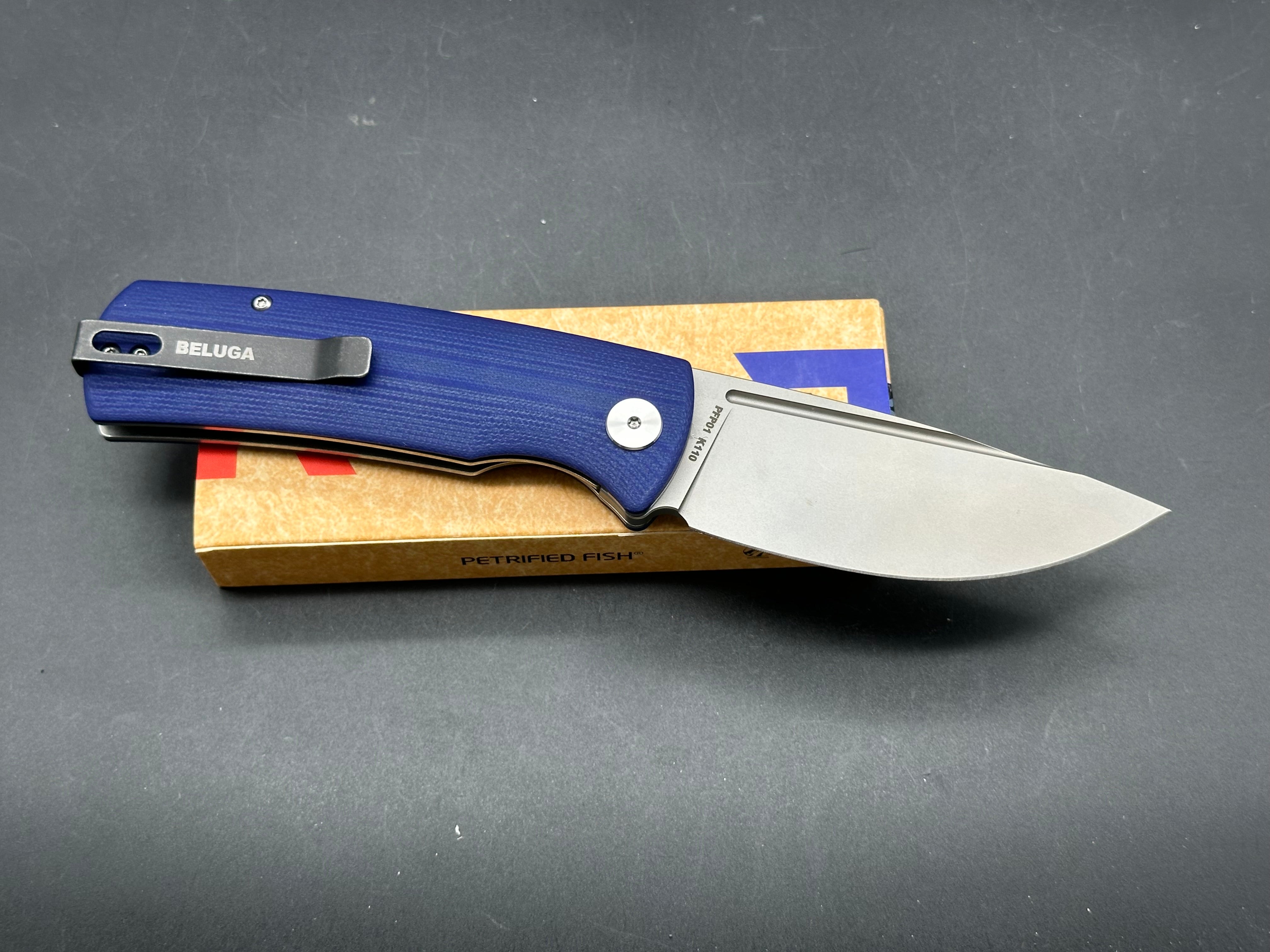 Petrified Fish PFP01 Beluga ,3.62" K110 Dyed blue G10