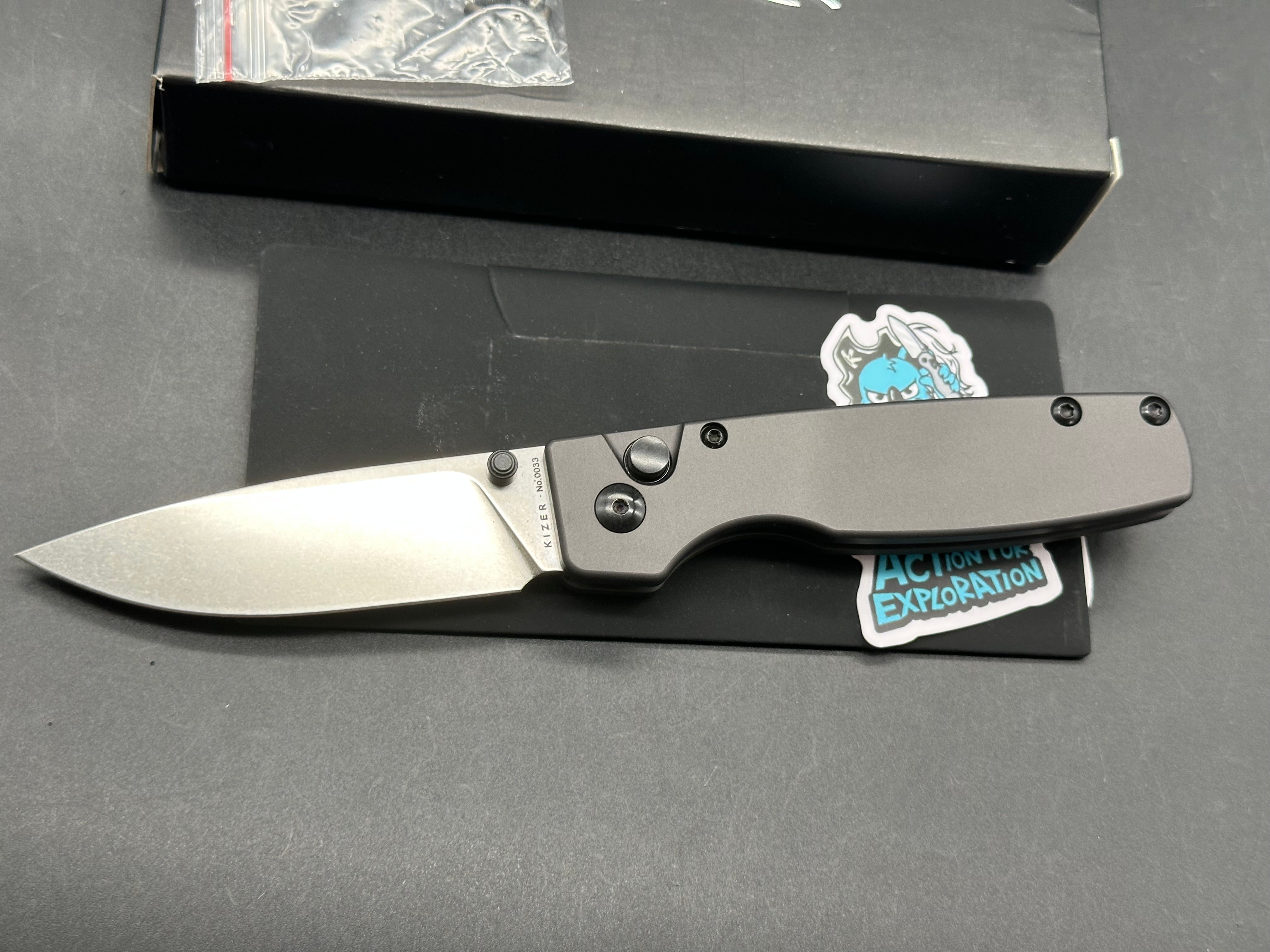 Kizer Original XL #0033 Stonewashed 154CM Blade, Gunmetal Gray Aluminum Handles