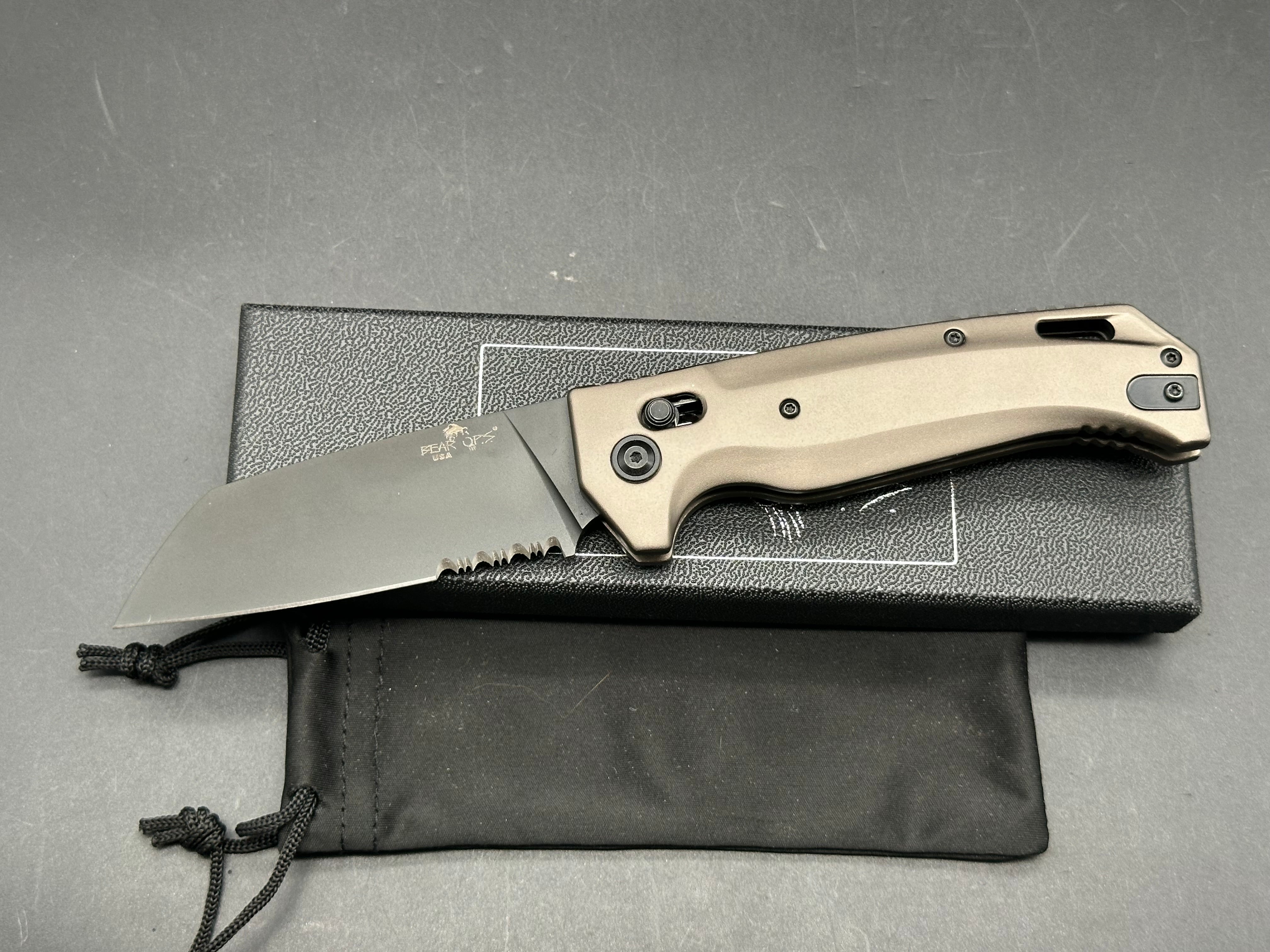 Bear OPS KATAKT III AUTO Folding Knife 3.5" M390 Black DLC Sheepsfoot Blade, Dark Earth Aluminum