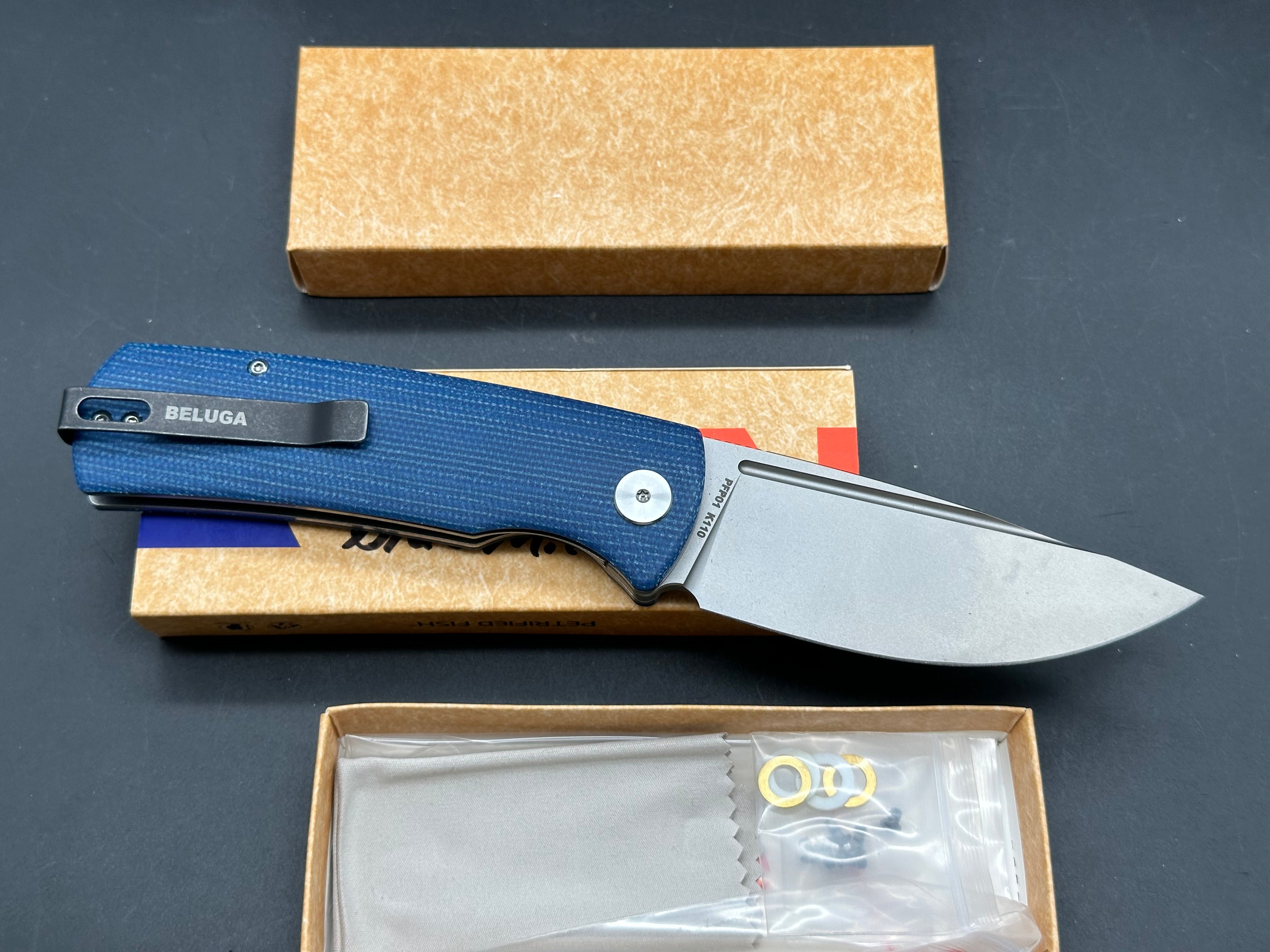 Petrified Fish PFP01 Beluga ,3.62" K110 Sand blasting Blade Blue Micarta Handle