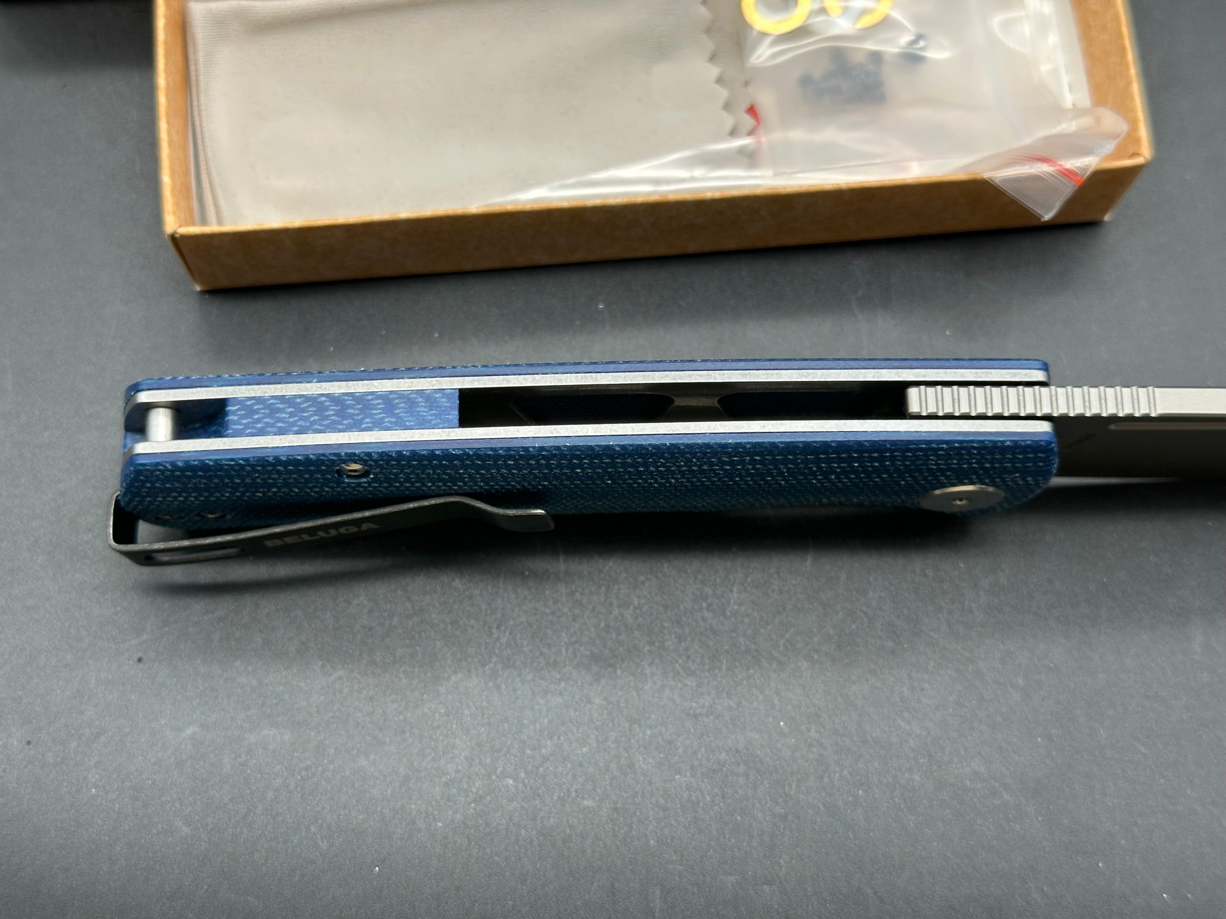 Petrified Fish PFP01 Beluga ,3.62" K110 Sand blasting Blade Blue Micarta Handle