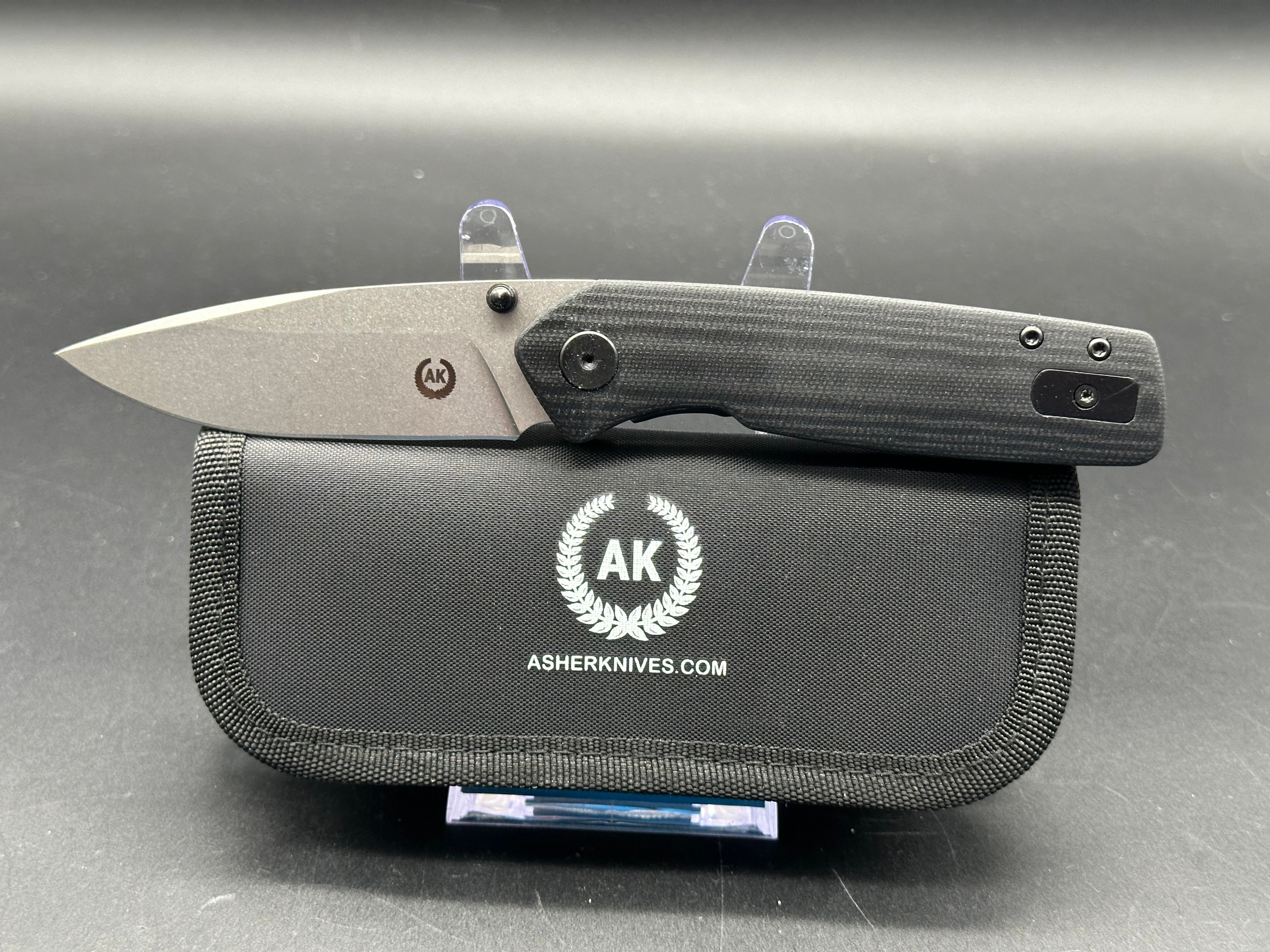 Asher Spiro TS (Thumb Studs), 3.2" S35VN Stonewash Blade with Black G10 Handle.
