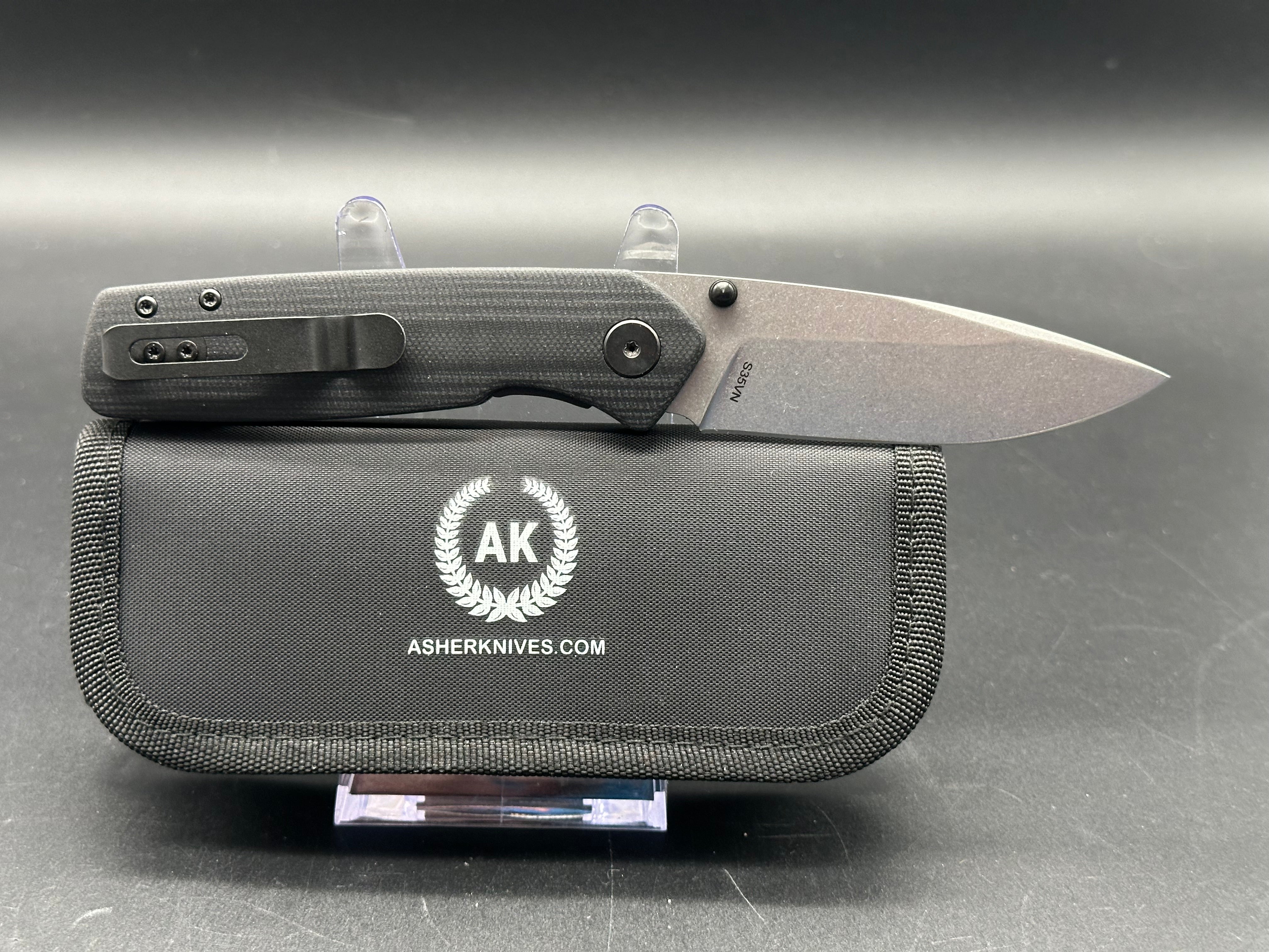 Asher Spiro TS (Thumb Studs), 3.2" S35VN Stonewash Blade with Black G10 Handle.