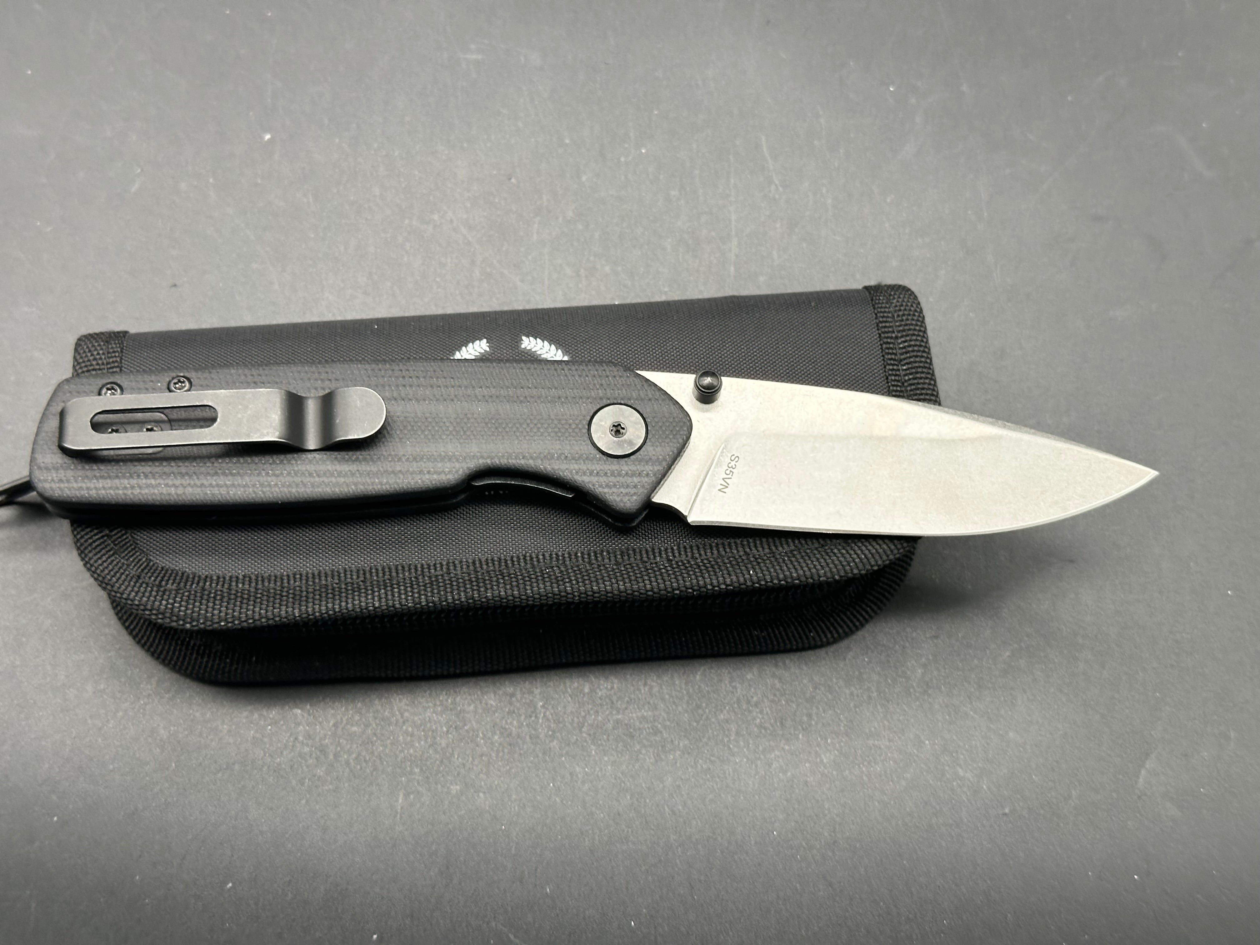 Asher Spiro TS (Thumb Studs), 3.2" S35VN Stonewash Blade with Black G10 Handle.