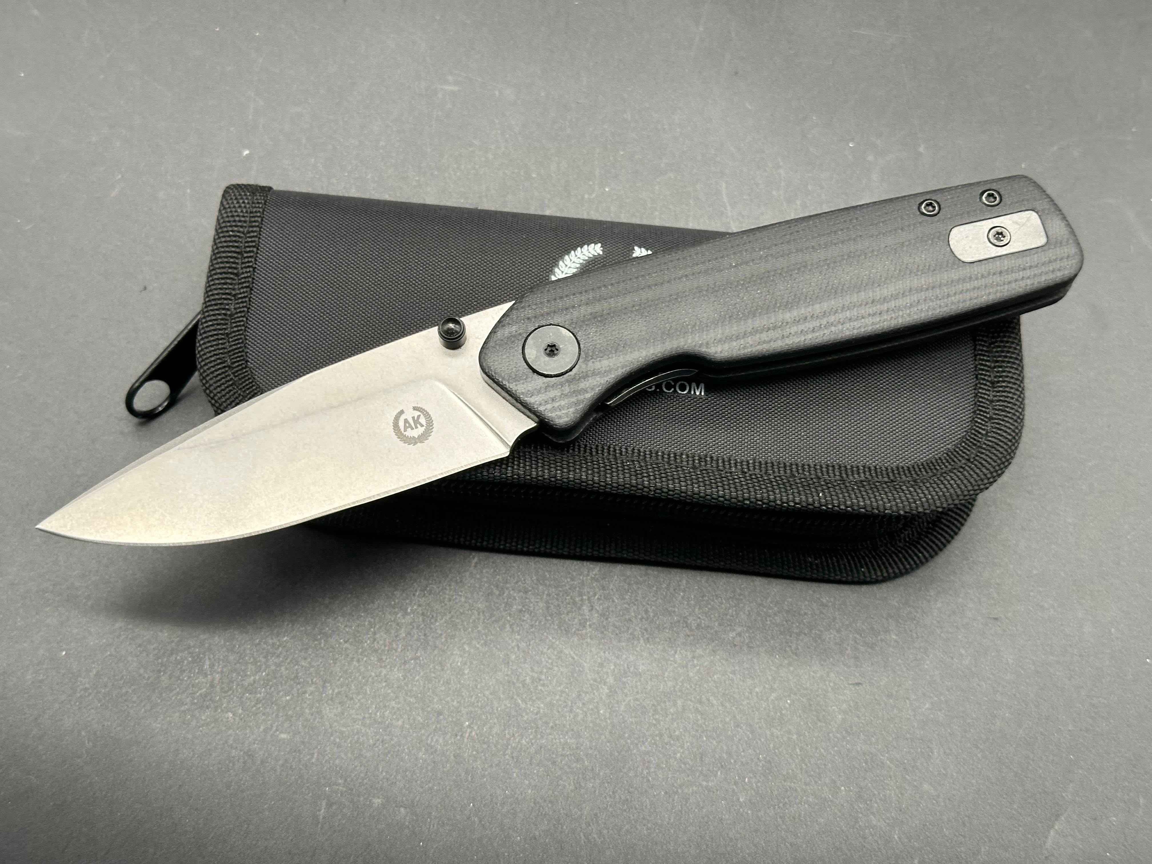 Asher Spiro TS (Thumb Studs), 3.2" S35VN Stonewash Blade with Black G10 Handle.