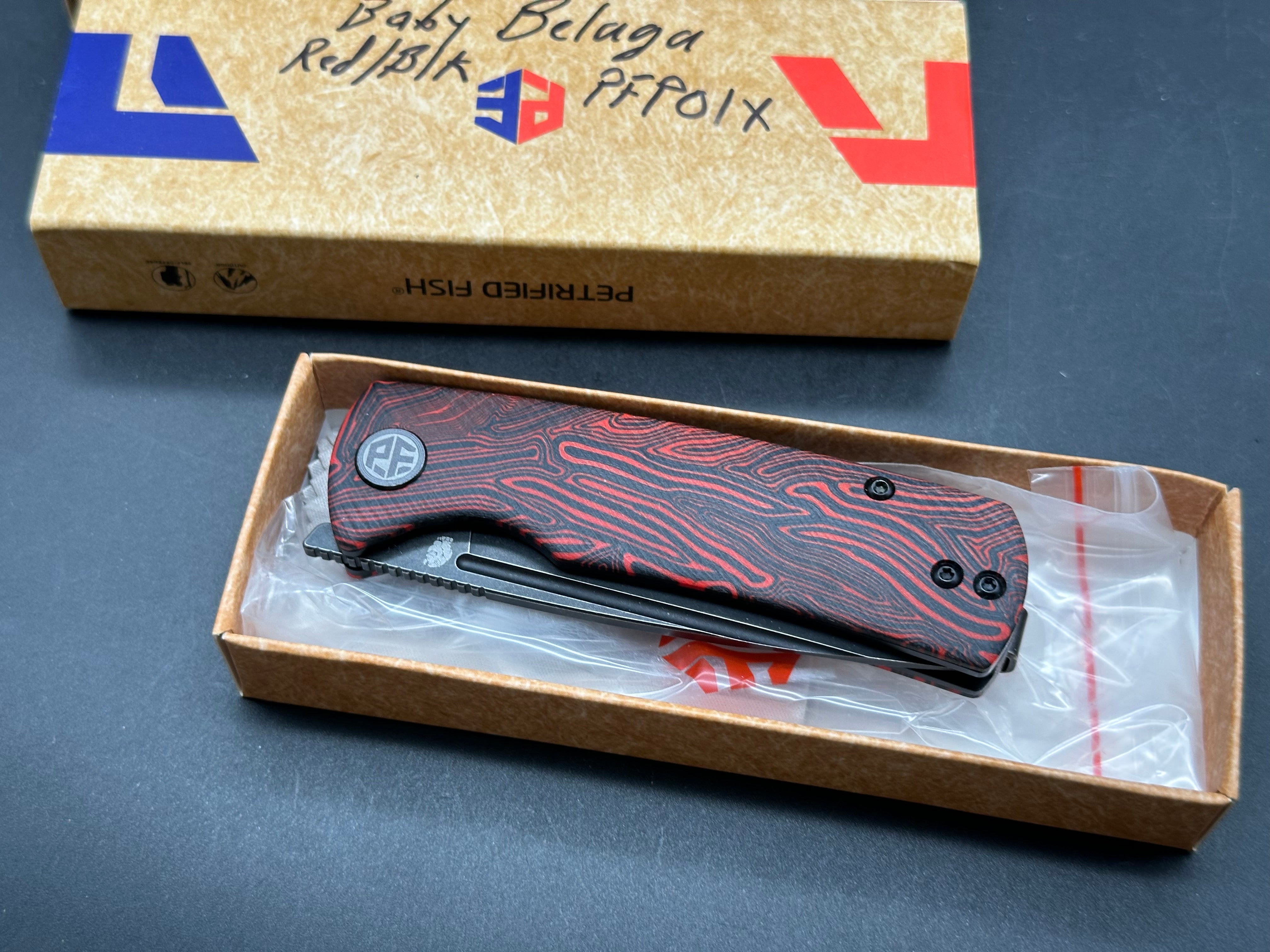 Petrified Fish Mini Beluga ,2.99" 14C28N Blade Red G10 Gmascus Handle