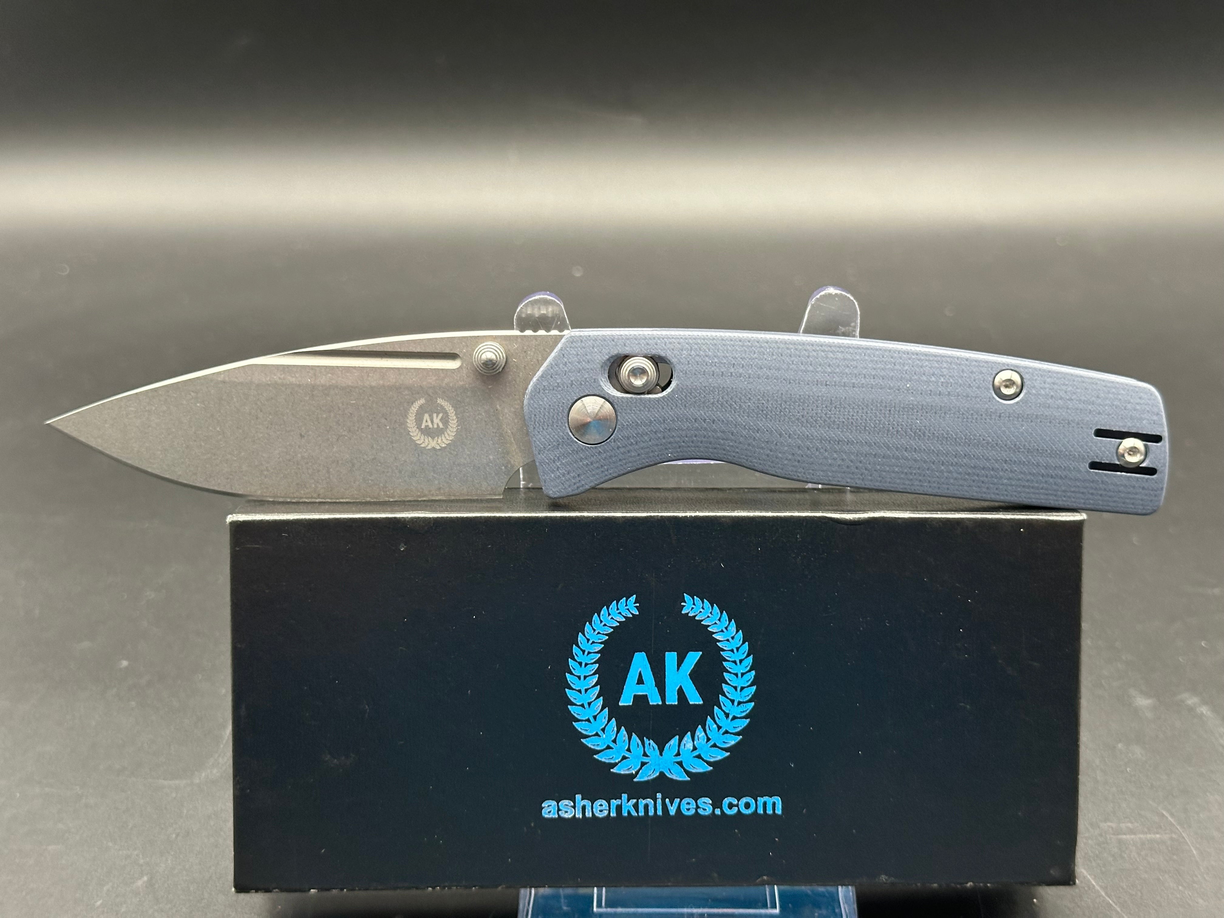 Asher Spiro Crossbar, 3.2" S35VN Stonewash Blade with Steel Blue G10 Handle