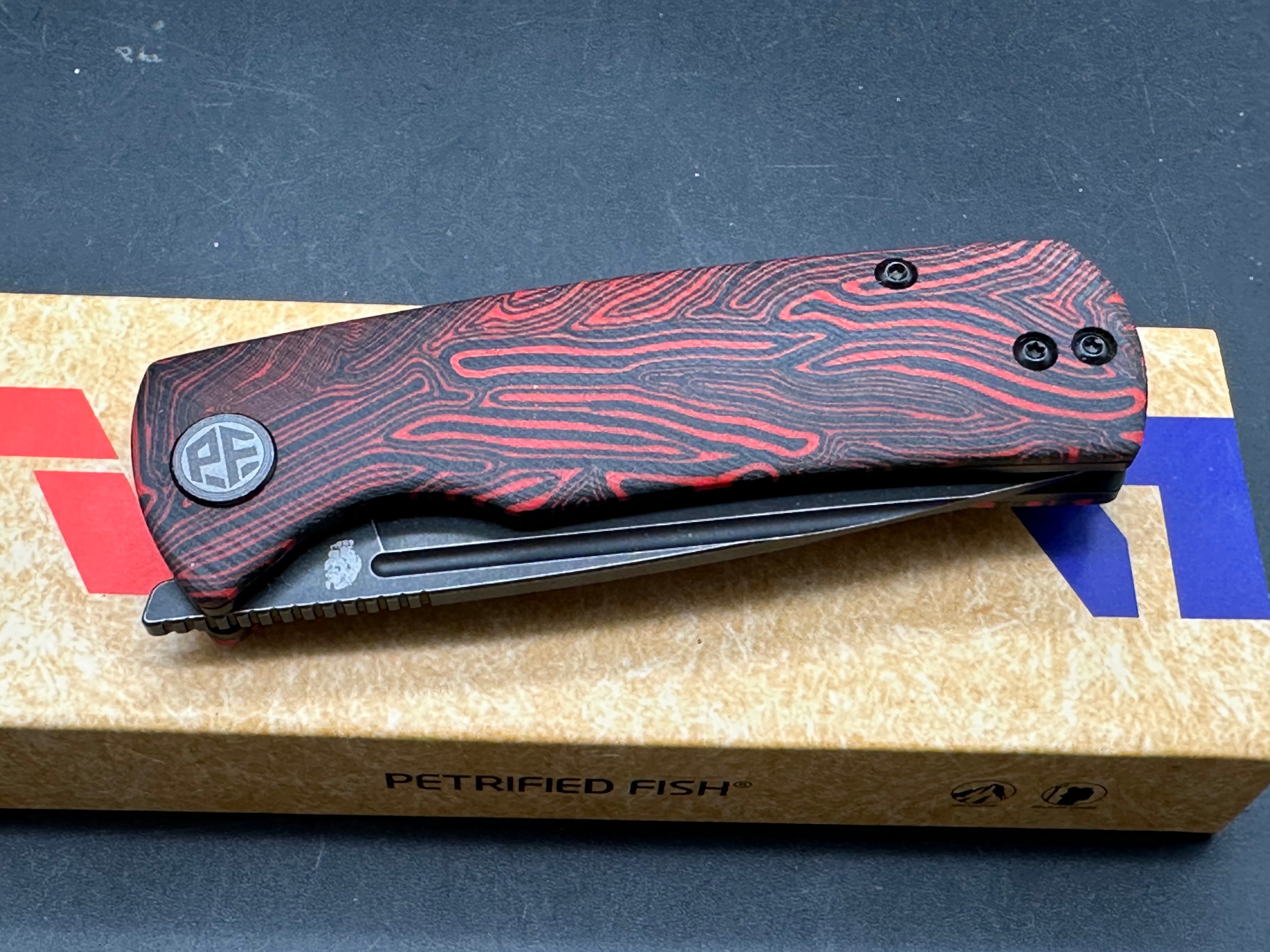 Petrified Fish Mini Beluga ,2.99" 14C28N Blade Red G10 Gmascus Handle
