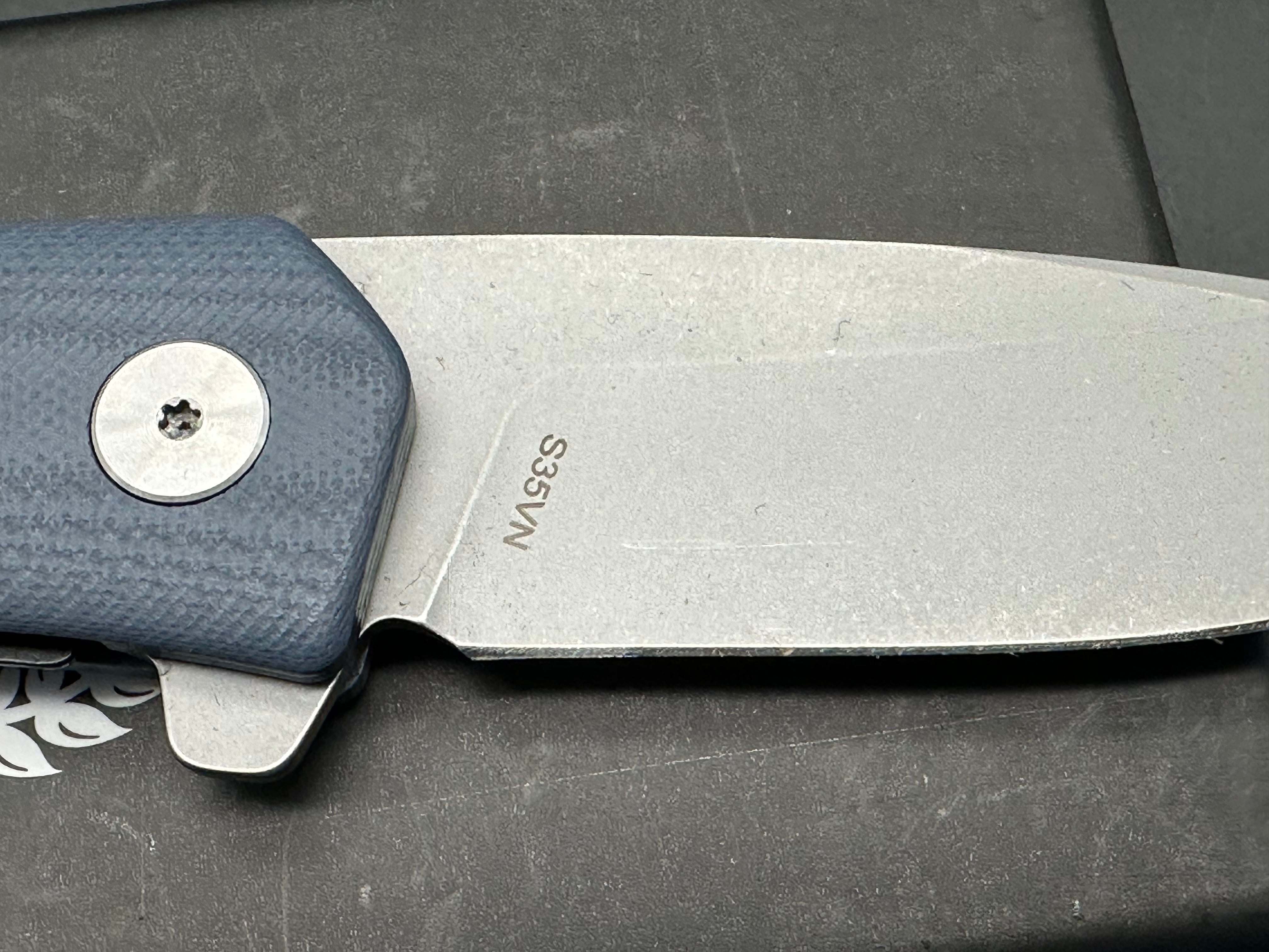 Asher Spiro FT, 3.2" S35VN Stonewash Blade with Steel Blue G10 Handle.