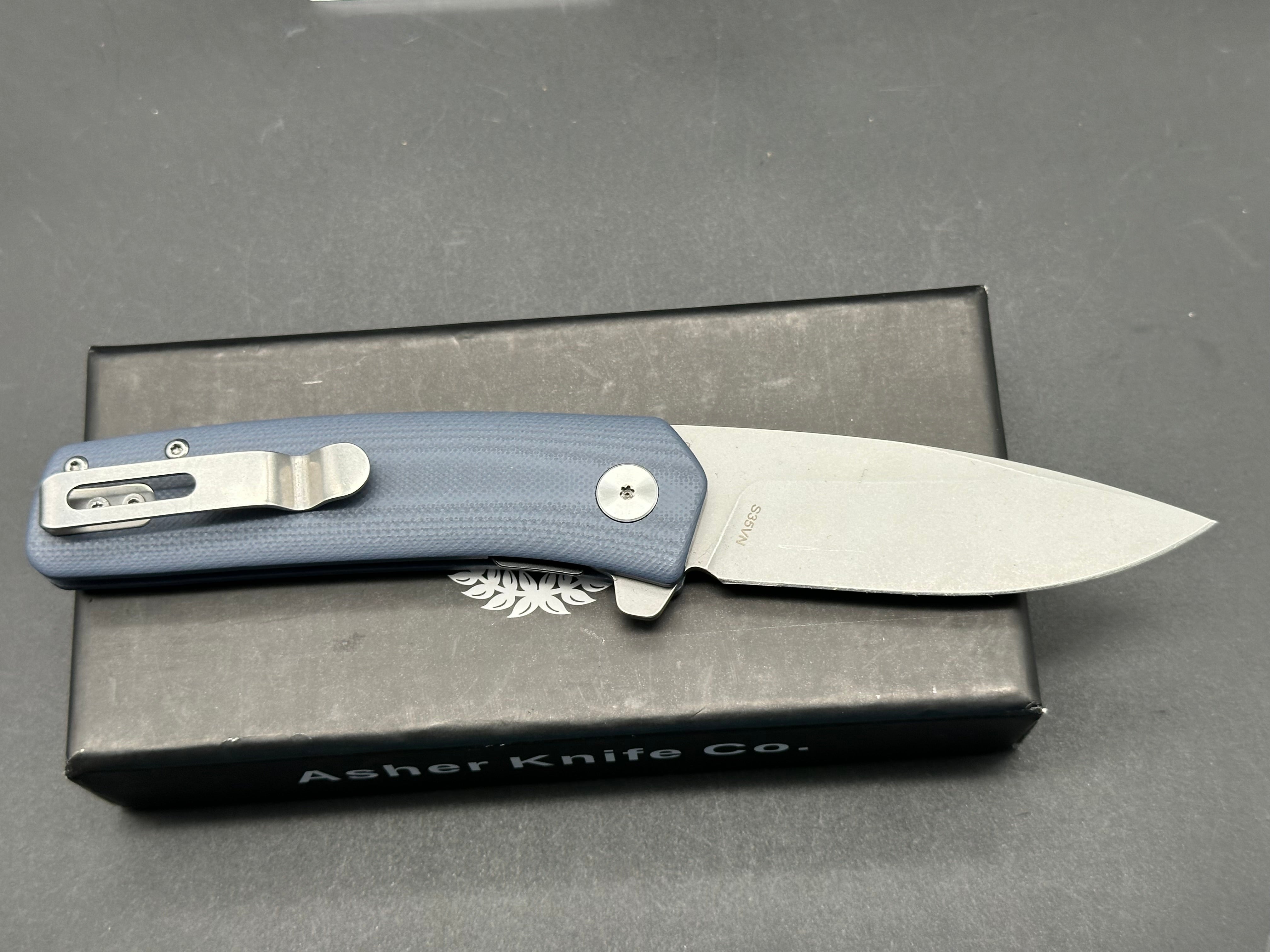 Asher Spiro FT, 3.2" S35VN Stonewash Blade with Steel Blue G10 Handle.