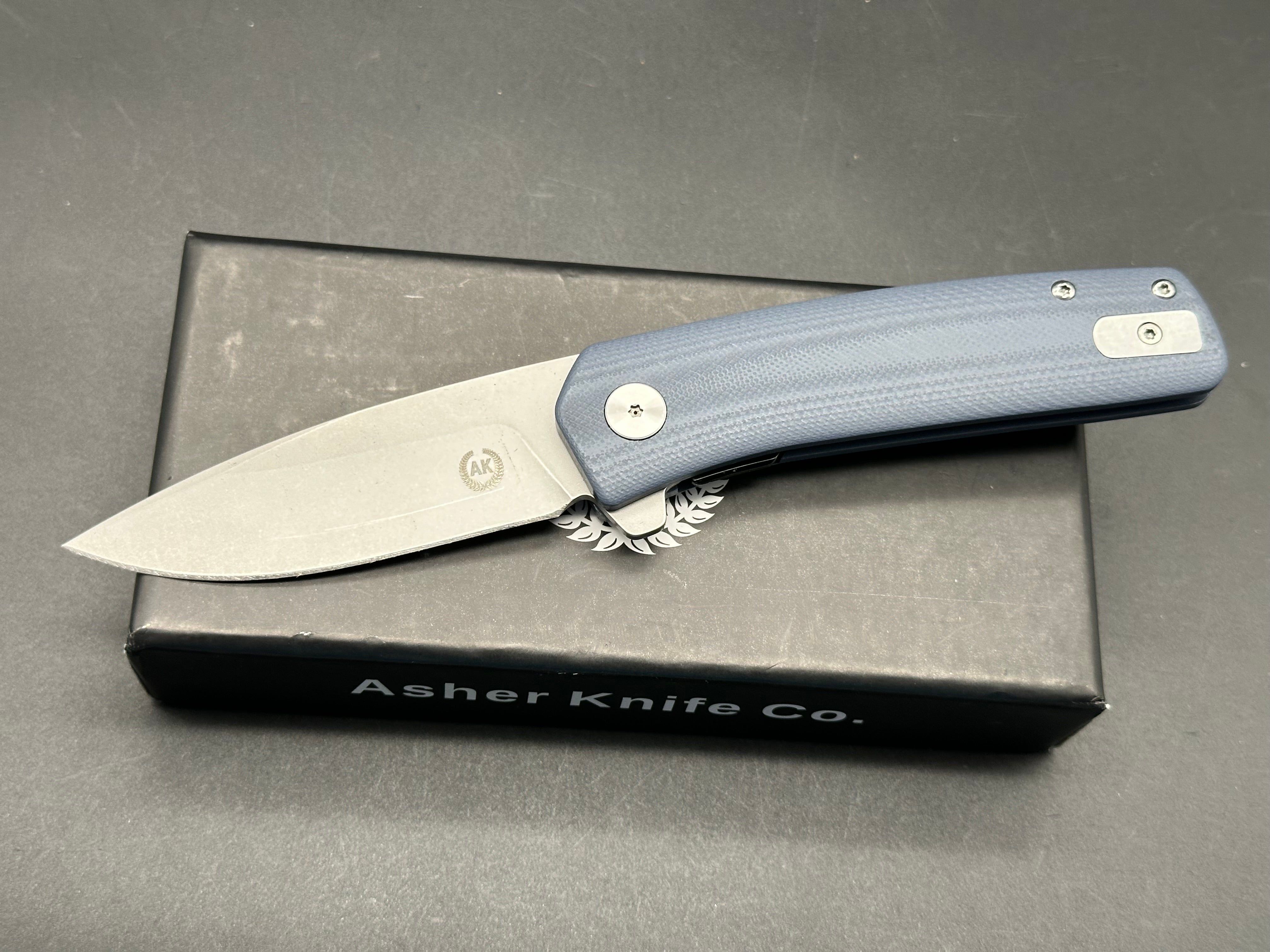 Asher Spiro FT, 3.2" S35VN Stonewash Blade with Steel Blue G10 Handle.