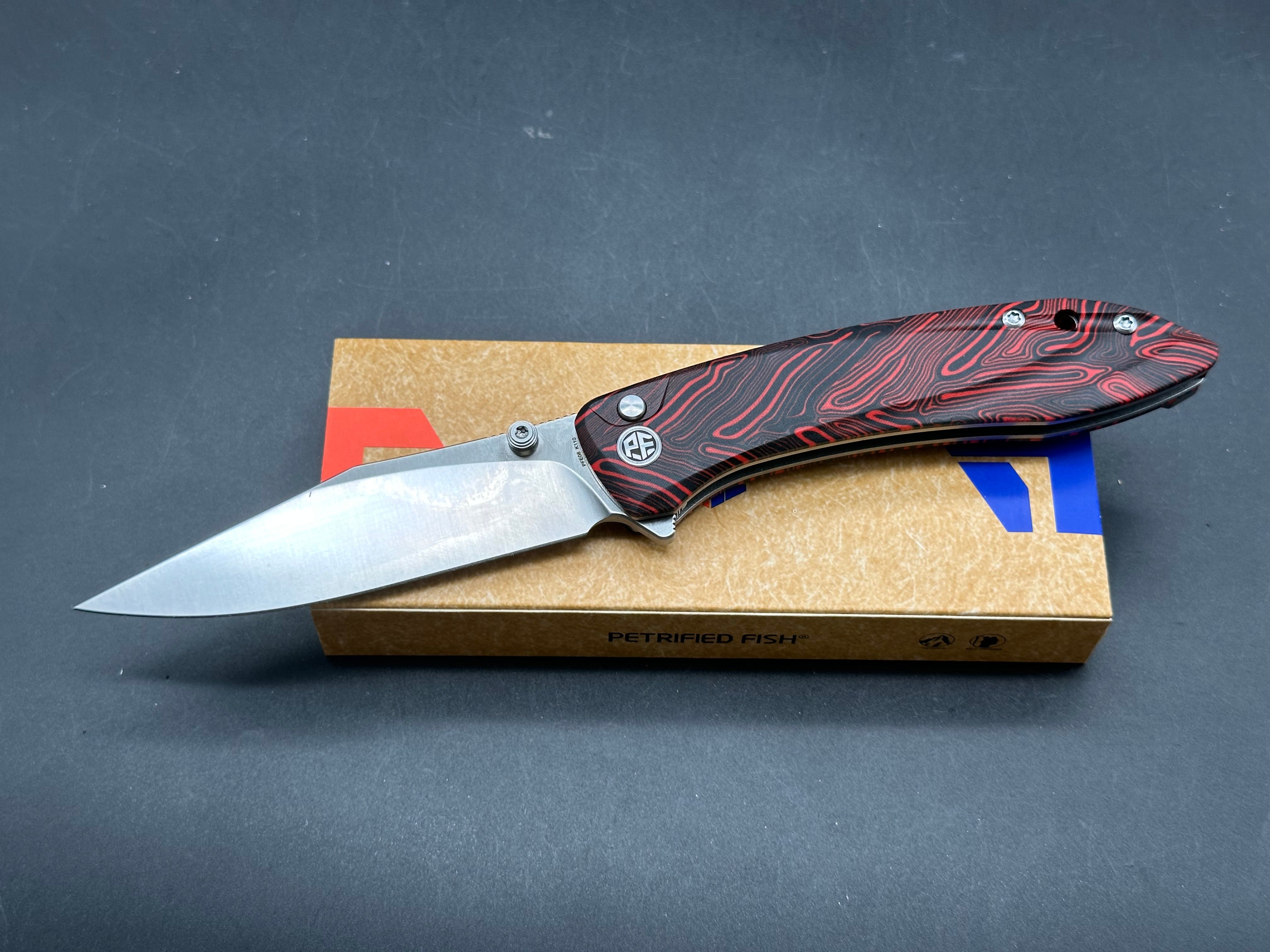 Petrified Fish PFE08 Grow 3.62" K110 Satin Blade Red G10 Handle Button Lock Folding knife