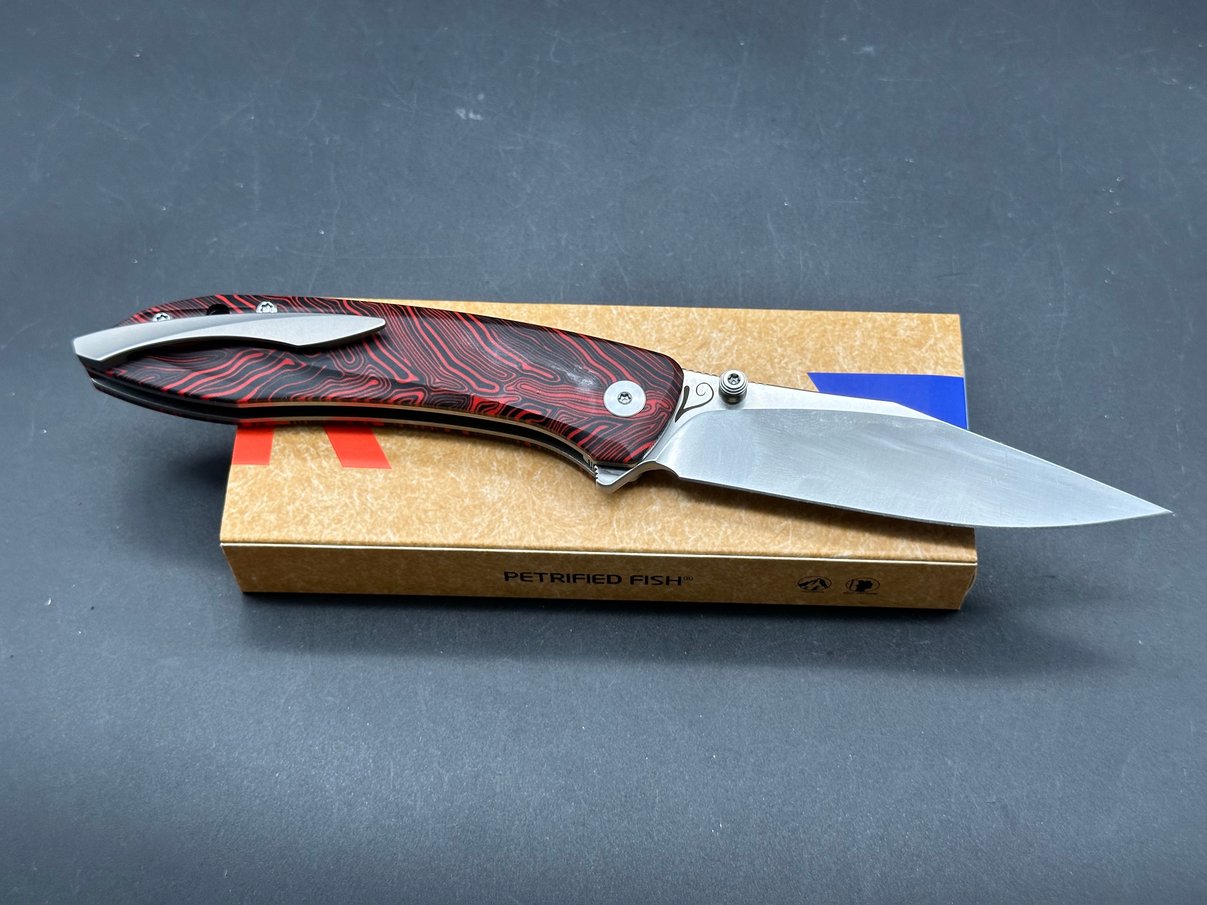 Petrified Fish PFE08 Grow 3.62" K110 Satin Blade Red G10 Handle Button Lock Folding knife