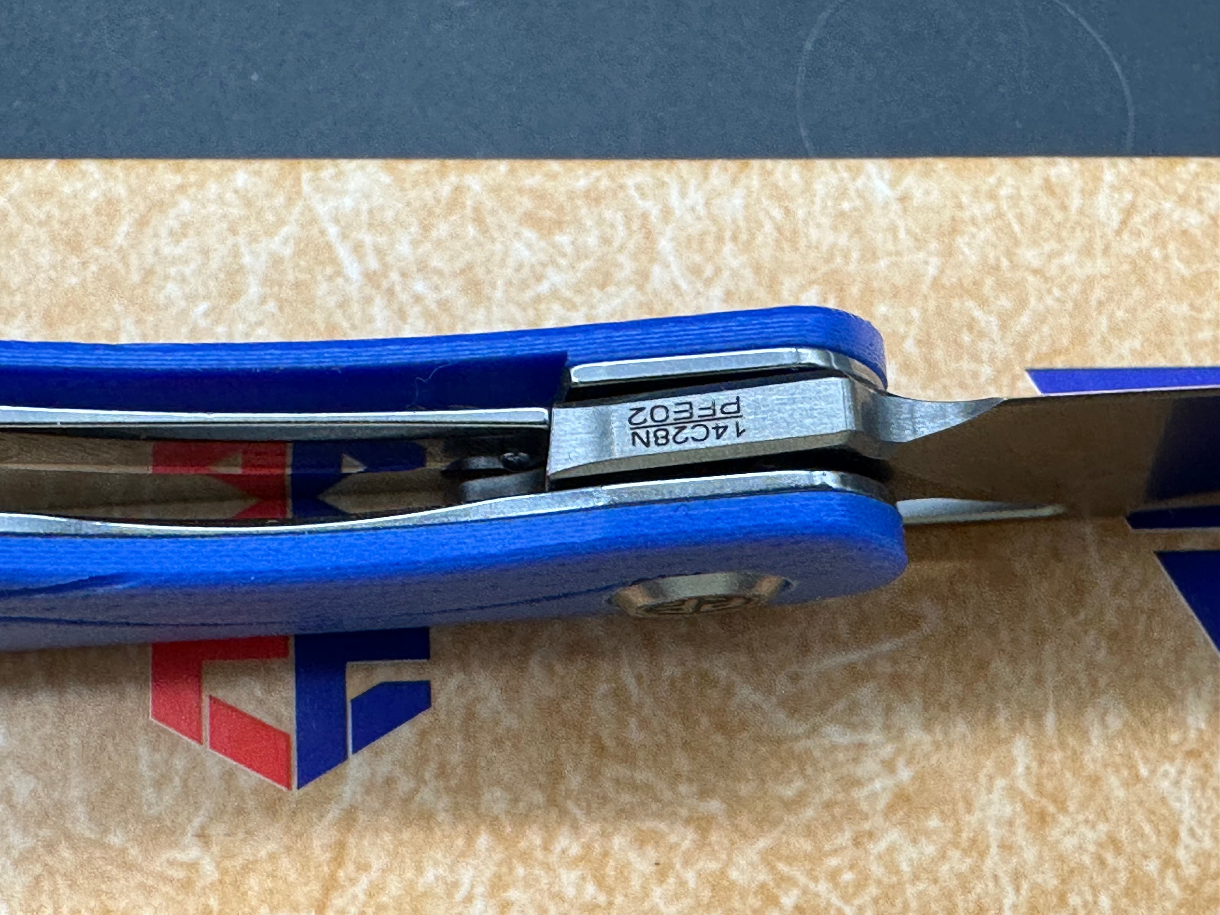Petrified Fish PFE02 SCOUT 14C28N Satin Blade Blue G10 Handle