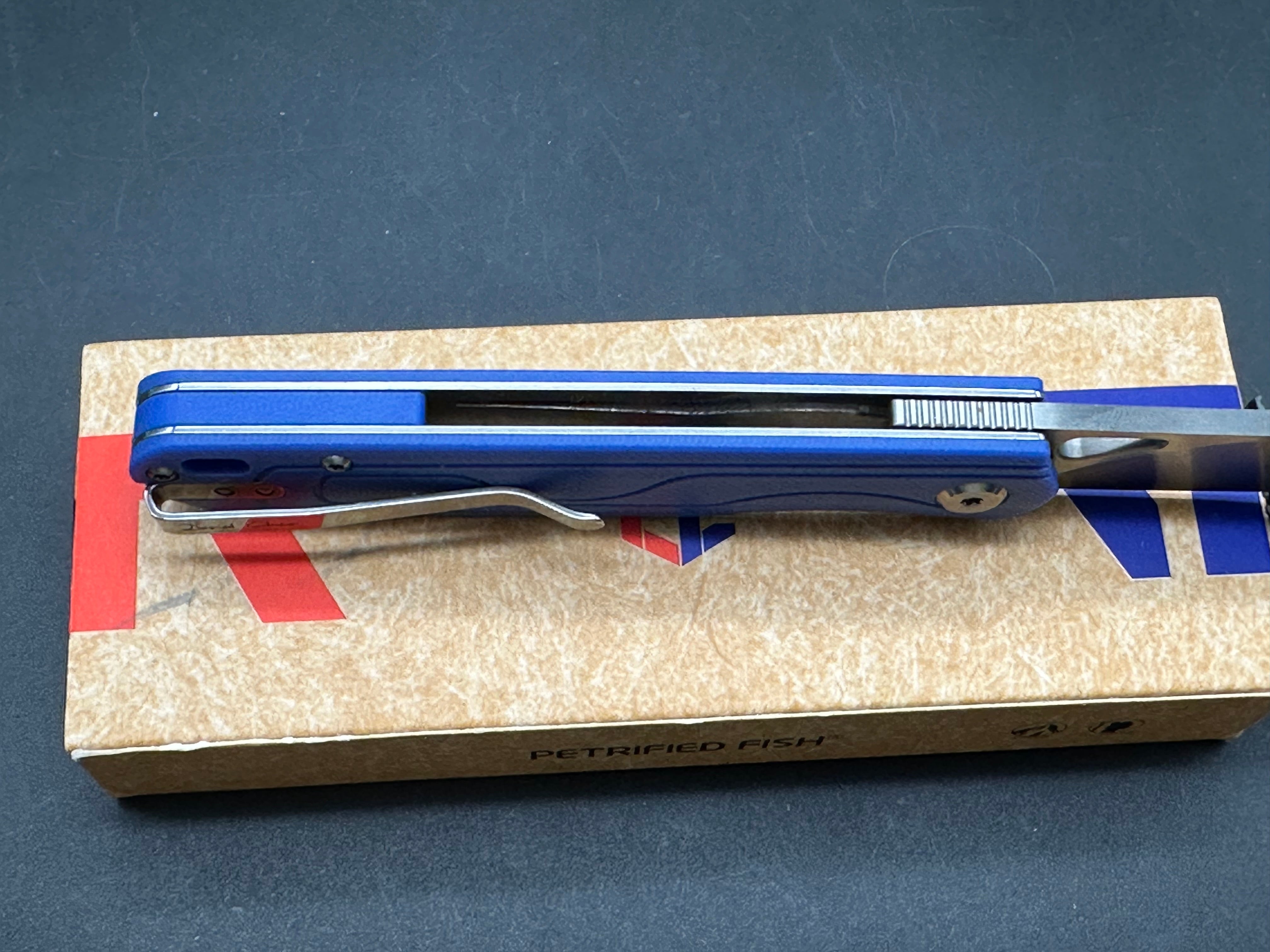 Petrified Fish PFE02 SCOUT 14C28N Satin Blade Blue G10 Handle