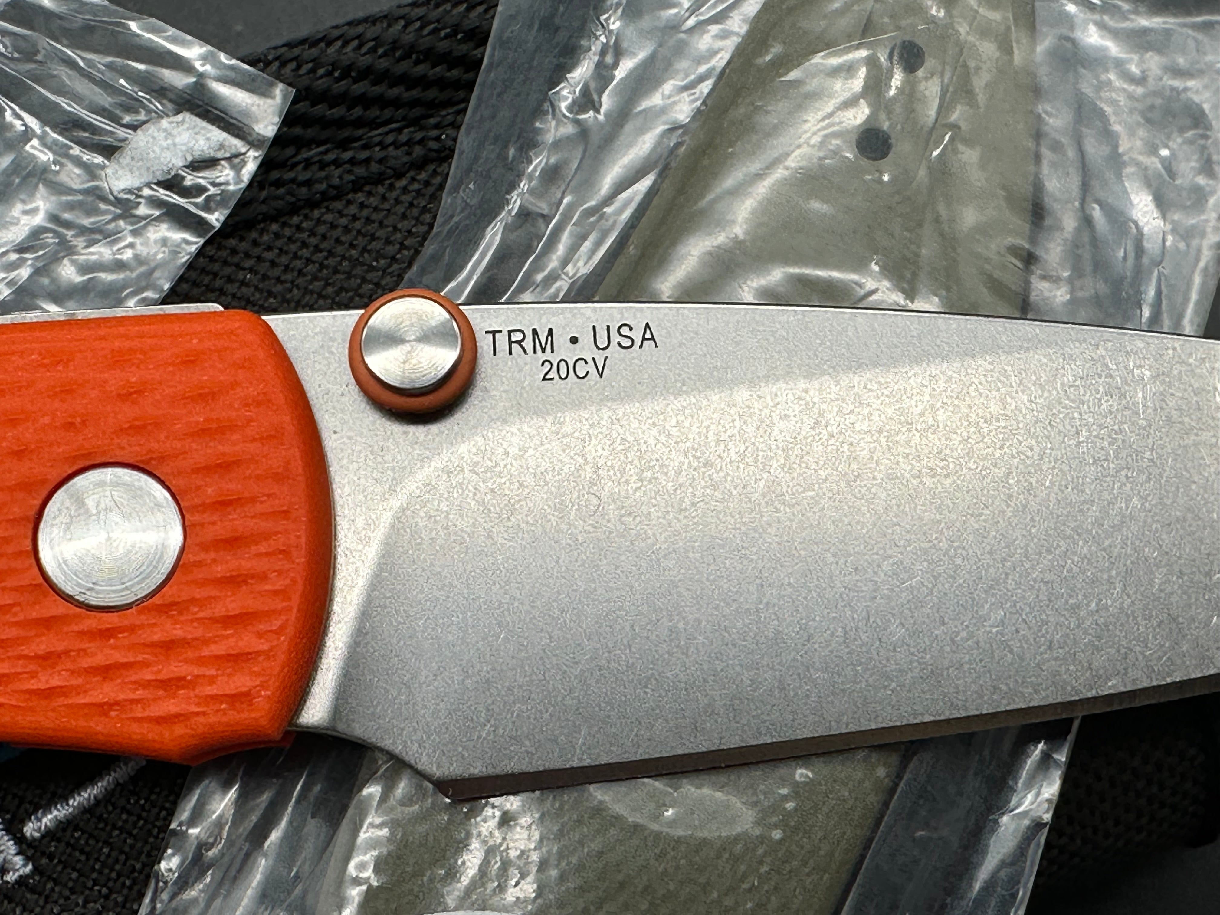 TRM Atom 3.5" 20CV Stonewash Blade with Orange G10 Lizard Scales, plus 2 extra scales