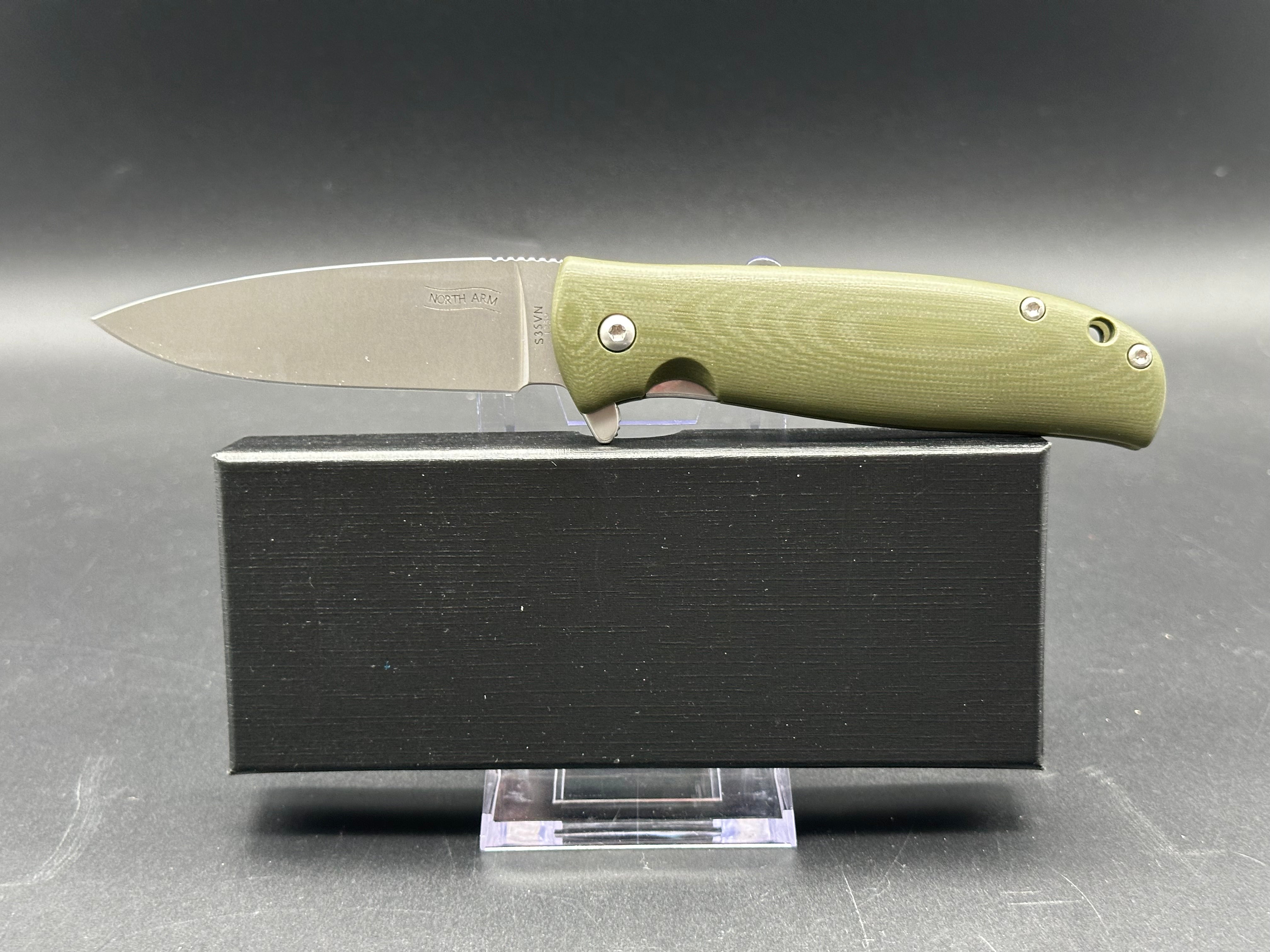 North Arm Skaha II, 3.3" S35VN Polished Stonewash Blade with OD Green G10 Handle (Serial #1259)