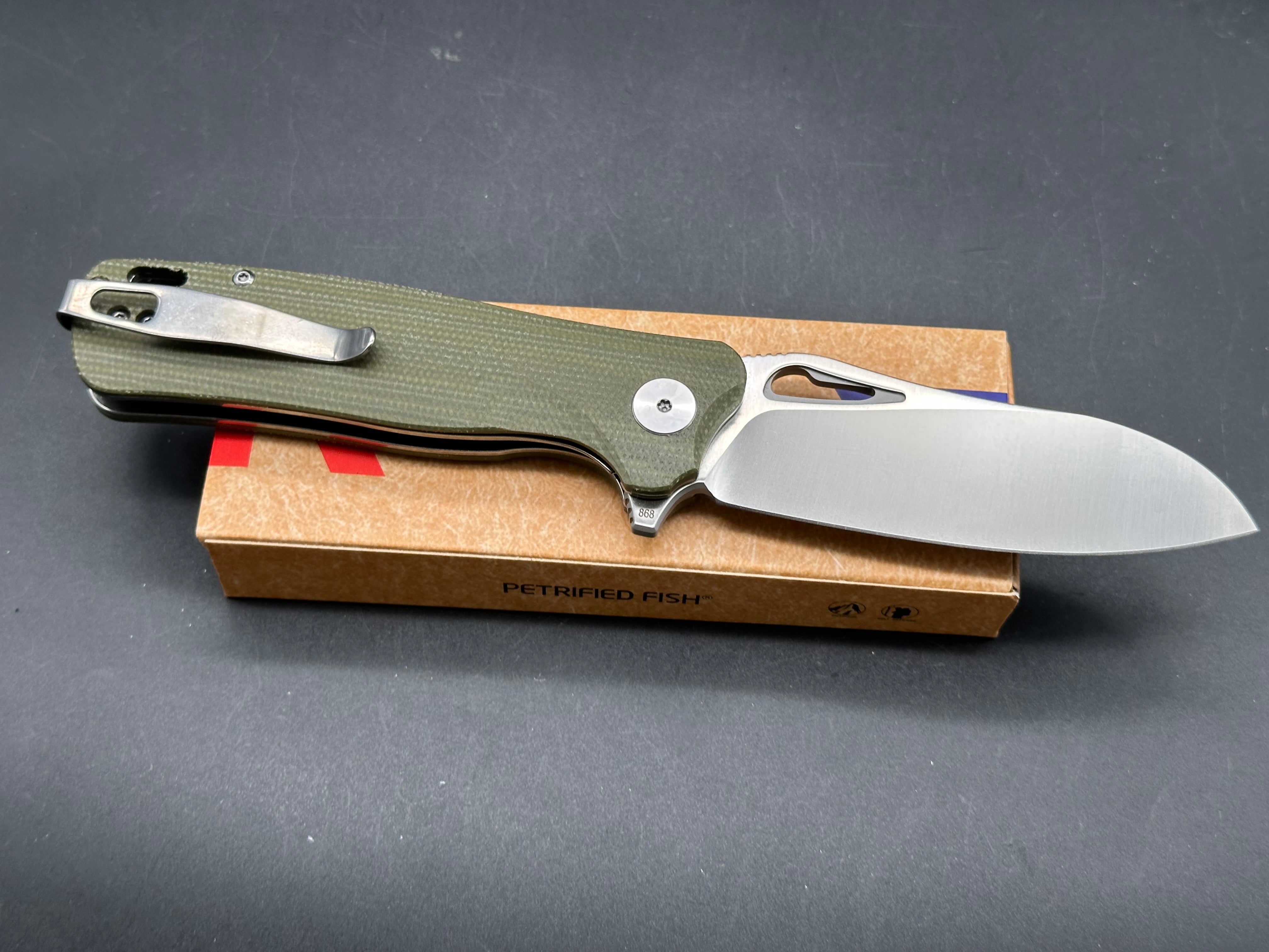 Petrified Fish PF868 Bunta 3.35" D2 Satin Blade Micarta Handle Flipper Folding knife